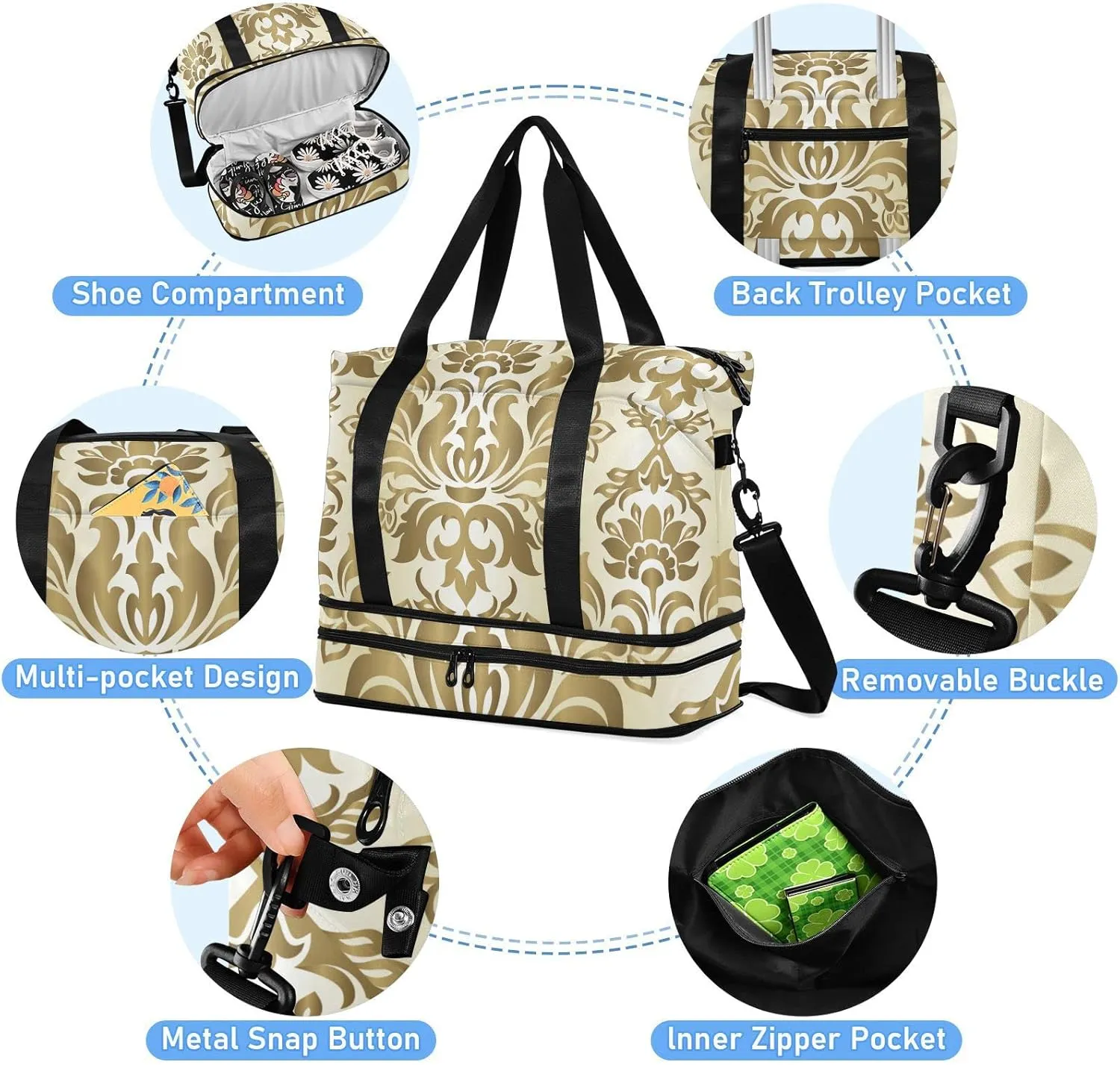 Luxury Gold Damask Seamless Golden Floral Flowers Texture Foldable Travel Bag, Camping Luggage bag, Portable Gym Bag, Sports Bag, Toiletry Bag with Handles Adjustable Shoulder Strap