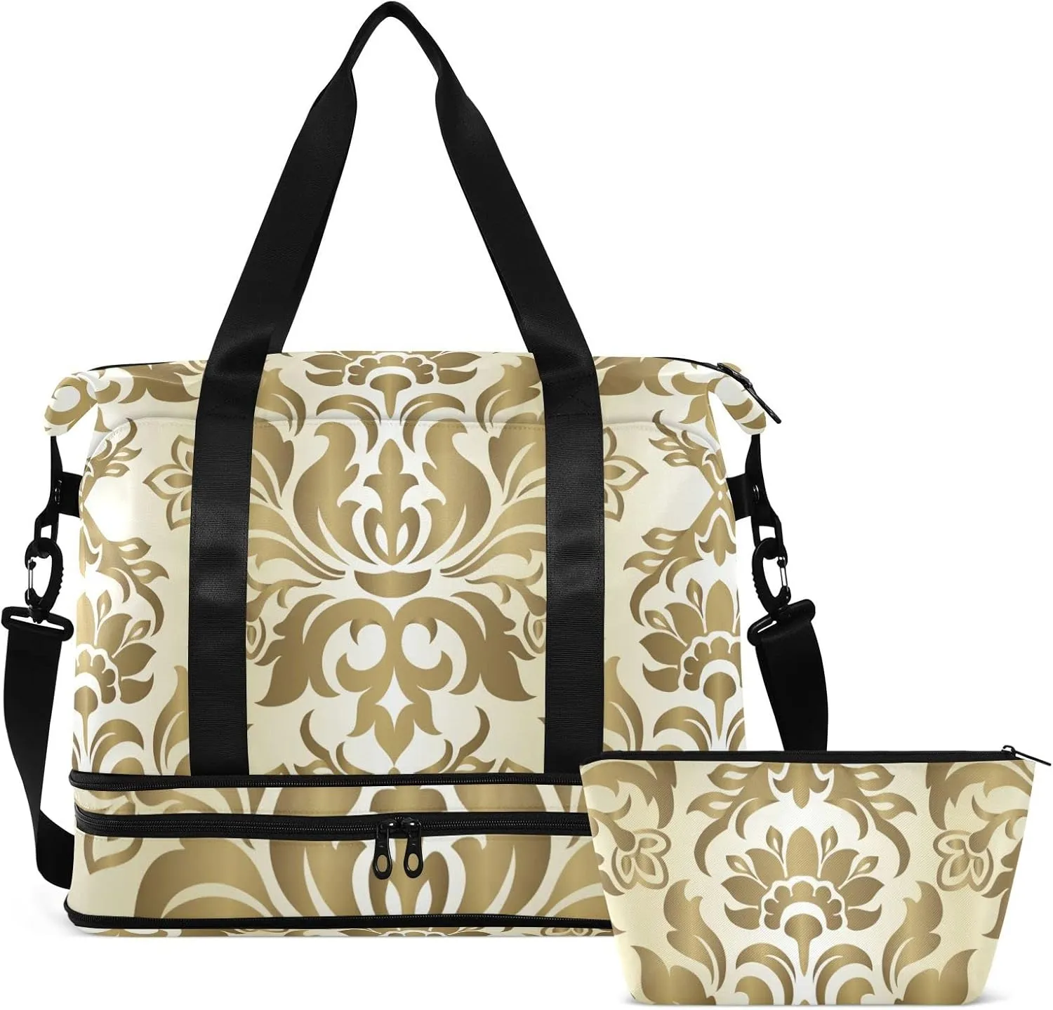 Luxury Gold Damask Seamless Golden Floral Flowers Texture Foldable Travel Bag, Camping Luggage bag, Portable Gym Bag, Sports Bag, Toiletry Bag with Handles Adjustable Shoulder Strap