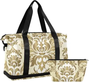 Luxury Gold Damask Seamless Golden Floral Flowers Texture Foldable Travel Bag, Camping Luggage bag, Portable Gym Bag, Sports Bag, Toiletry Bag with Handles Adjustable Shoulder Strap