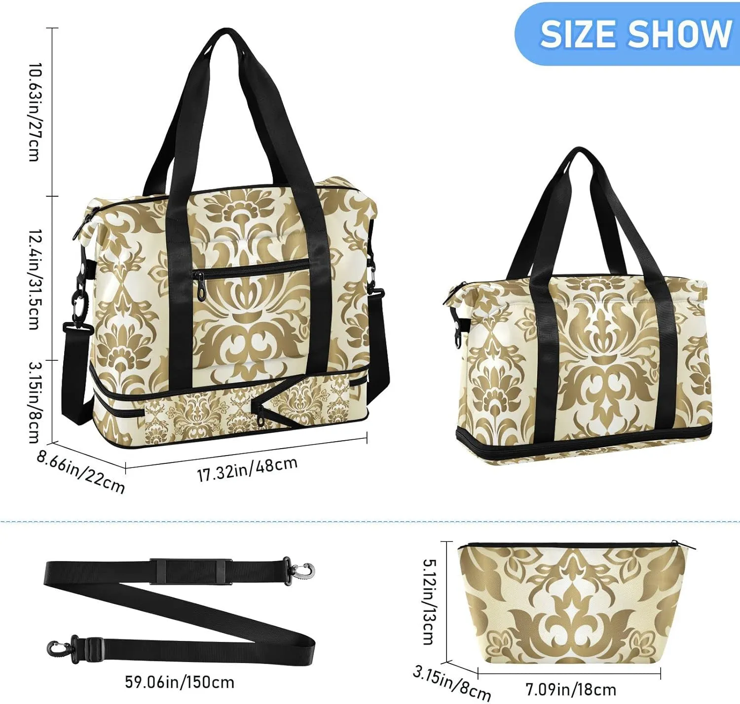 Luxury Gold Damask Seamless Golden Floral Flowers Texture Foldable Travel Bag, Camping Luggage bag, Portable Gym Bag, Sports Bag, Toiletry Bag with Handles Adjustable Shoulder Strap