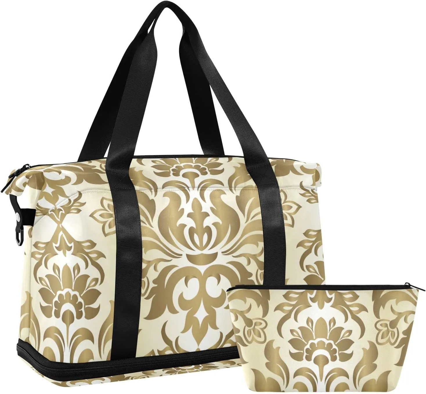 Luxury Gold Damask Seamless Golden Floral Flowers Texture Foldable Travel Bag, Camping Luggage bag, Portable Gym Bag, Sports Bag, Toiletry Bag with Handles Adjustable Shoulder Strap