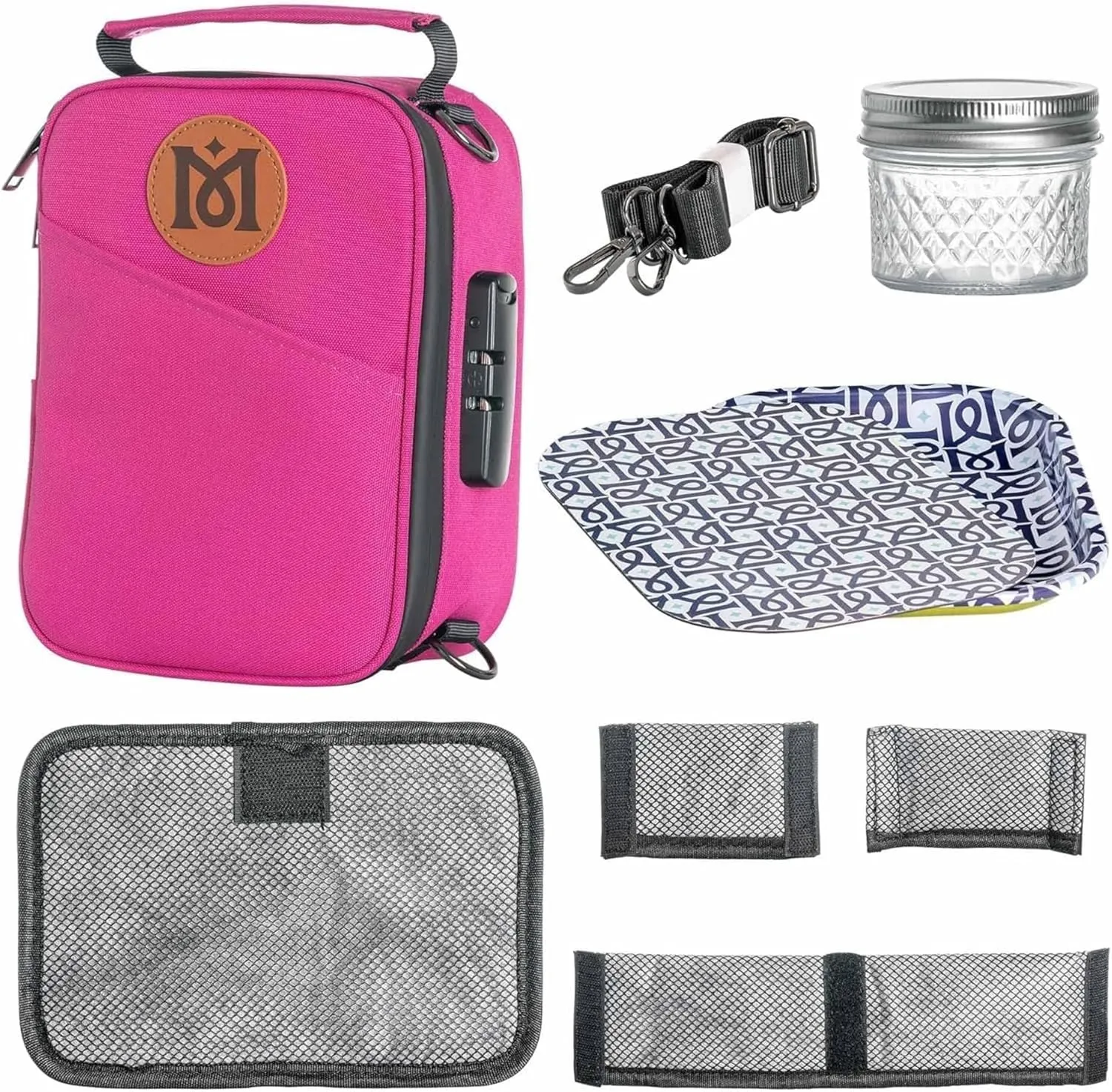 MAGICAL BUTTER Smell-Proof Bag with Combination Lock - Portable Smell-Proof Bag with Tray & Smell-Proof Jar - Secure Organizer Bag for Travel Packing, Portable Storage & Lunch - Pink