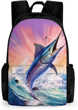 Marlin Fish Swordfish Laptop Backpacks 16 Inch Travel Shoulder Bag Multipurpose Casual Hiking Daypack