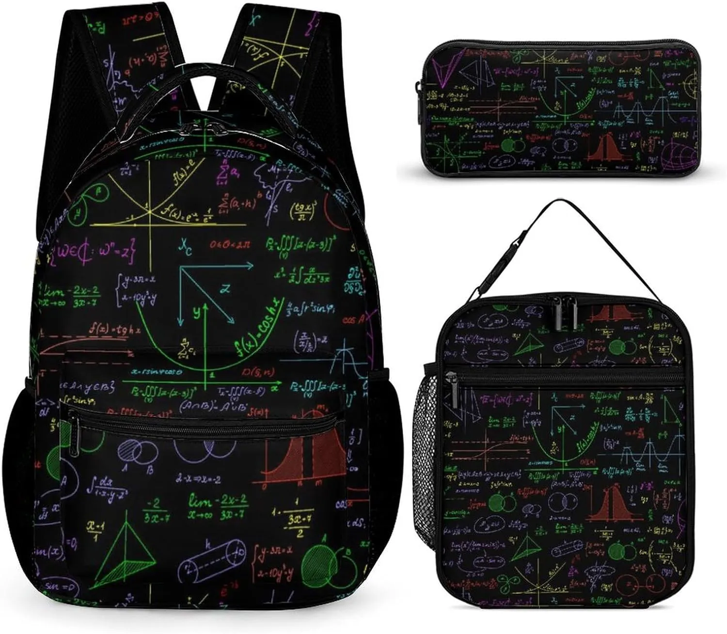Math Plots Formulas Calculations 3 Pcs Backpacks Set Combination 16“ Travel Backpack Portable Lunch Bag Pencil Case for Unisex