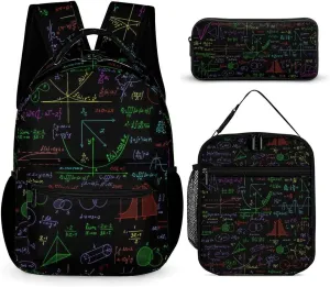 Math Plots Formulas Calculations 3 Pcs Backpacks Set Combination 16“ Travel Backpack Portable Lunch Bag Pencil Case for Unisex