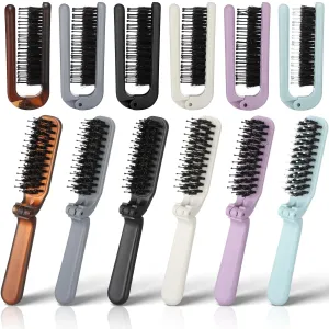 Meanplan 12 Pcs Travel Folding Hair Mini Brush Boar Bristle Hair Brush Collapsable Portable Hair Comb Pocket Beard Brush for Men Women Thick, Thin, Curly, Straight Hair