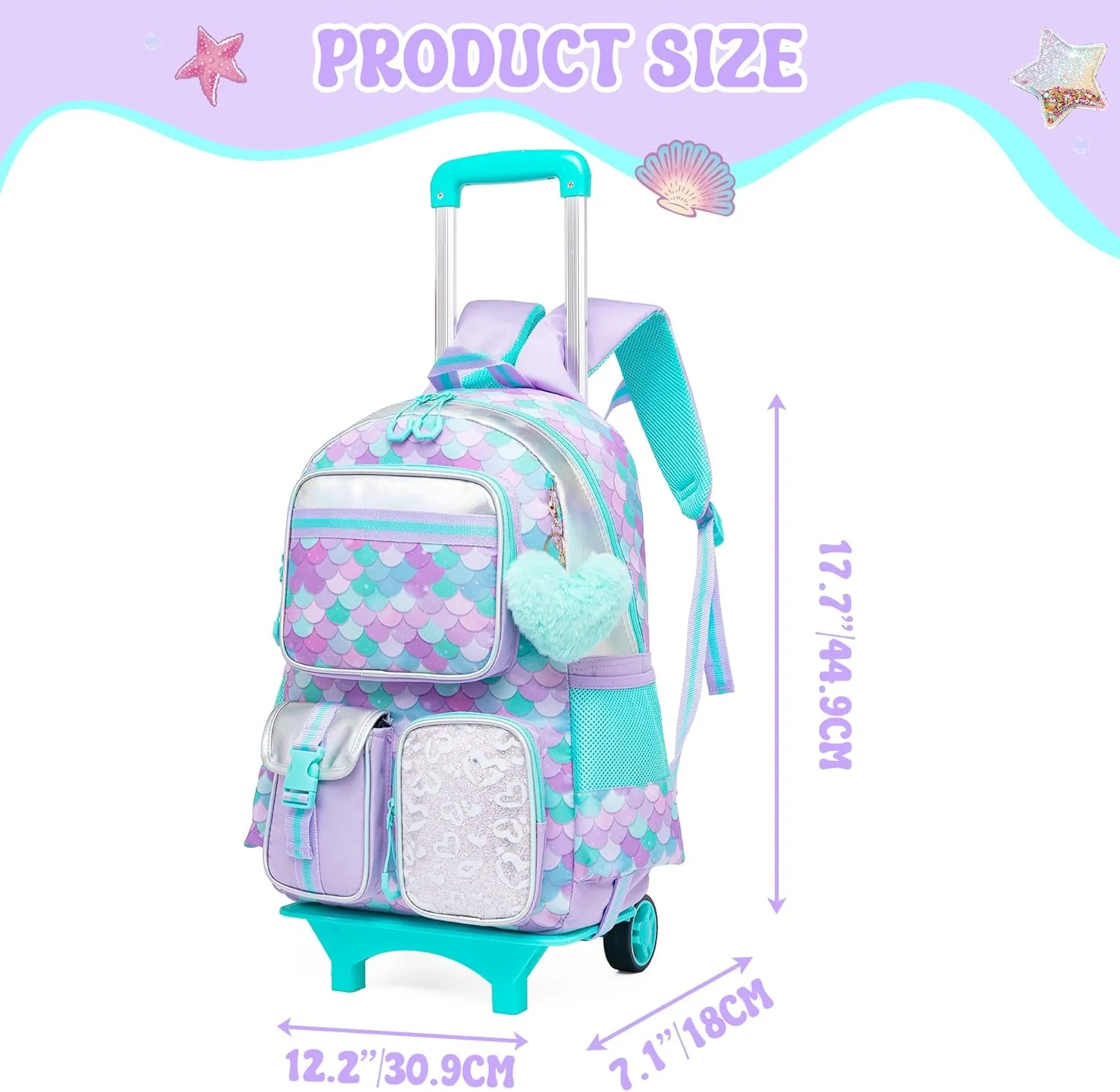 Meetbelify Backpack with Wheels for Girls Rolling Backpack Cute Carry on Backpack for Elementary Student Teen Girls Luggage Travel Suitcase Girls 8-10 Mermaid
