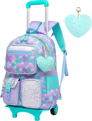 Meetbelify Backpack with Wheels for Girls Rolling Backpack Cute Carry on Backpack for Elementary Student Teen Girls Luggage Travel Suitcase Girls 8-10 Mermaid
