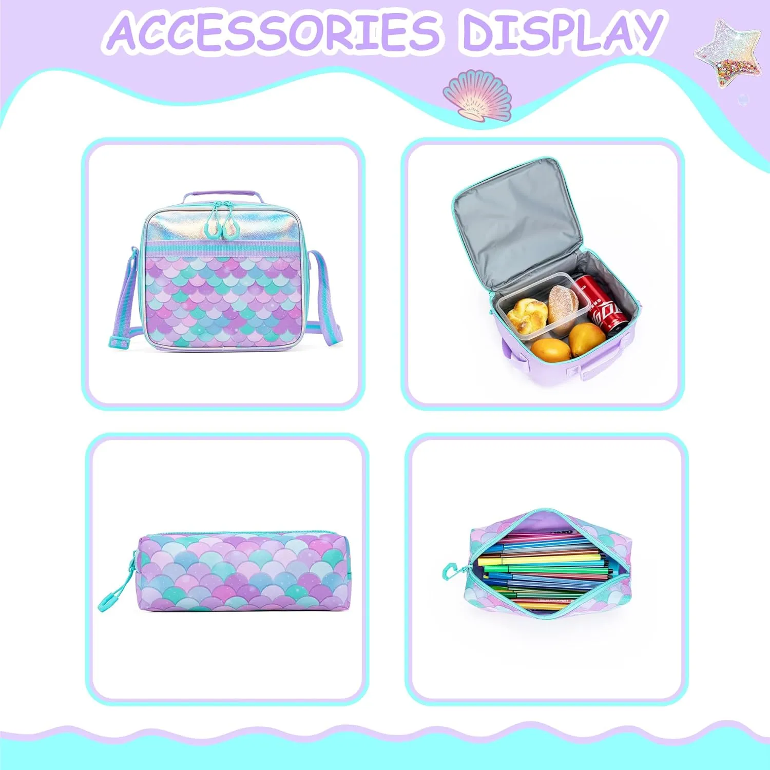 Meetbelify Backpack with Wheels for Girls Rolling Backpack Cute Carry on Backpack with Lunch Box for Elementary Student Teen Girls Luggage Travel Suitcase Girls 8-10 Mermaid