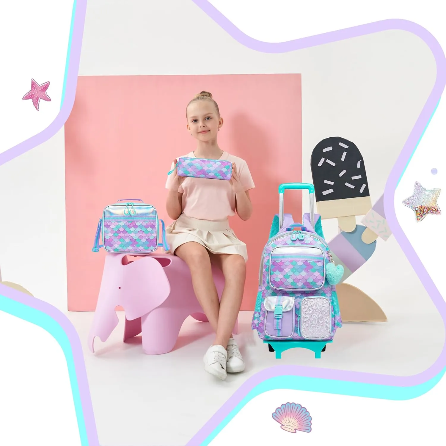 Meetbelify Backpack with Wheels for Girls Rolling Backpack Cute Carry on Backpack with Lunch Box for Elementary Student Teen Girls Luggage Travel Suitcase Girls 8-10 Mermaid
