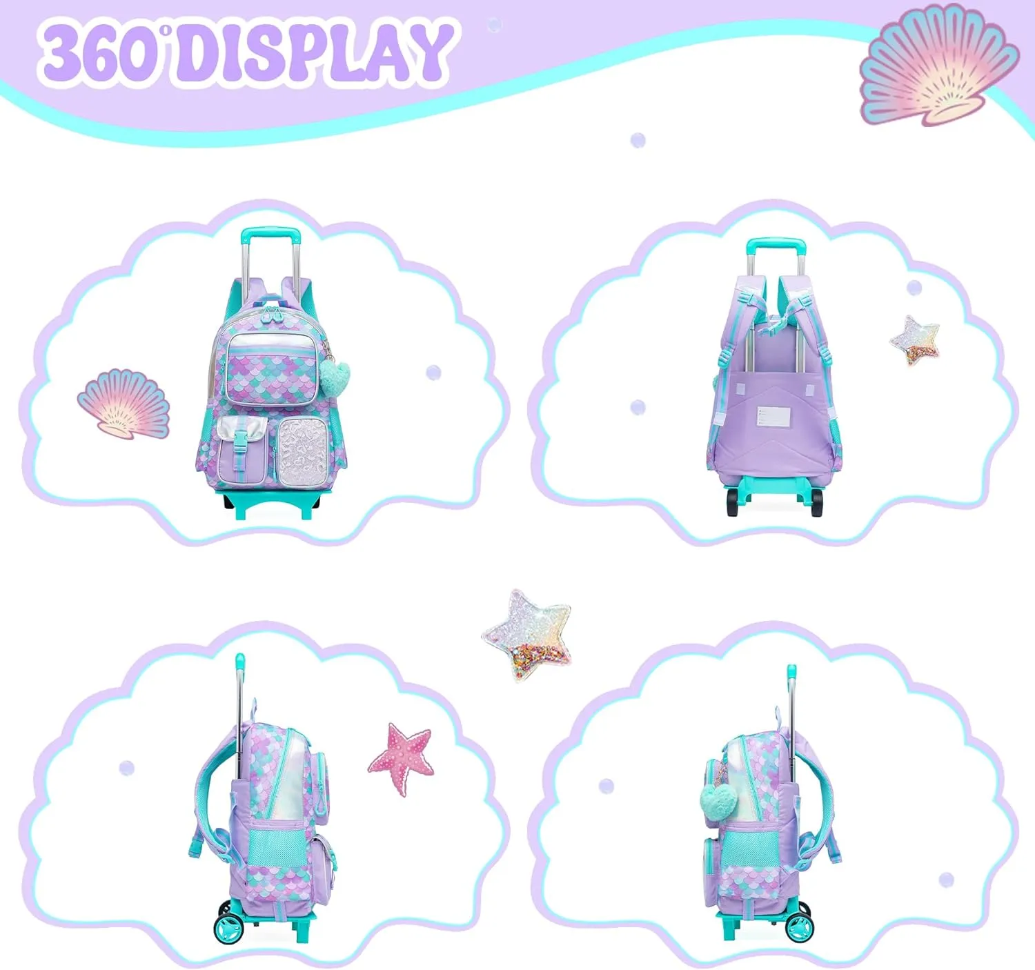 Meetbelify Backpack with Wheels for Girls Rolling Backpack Cute Carry on Backpack with Lunch Box for Elementary Student Teen Girls Luggage Travel Suitcase Girls 8-10 Mermaid