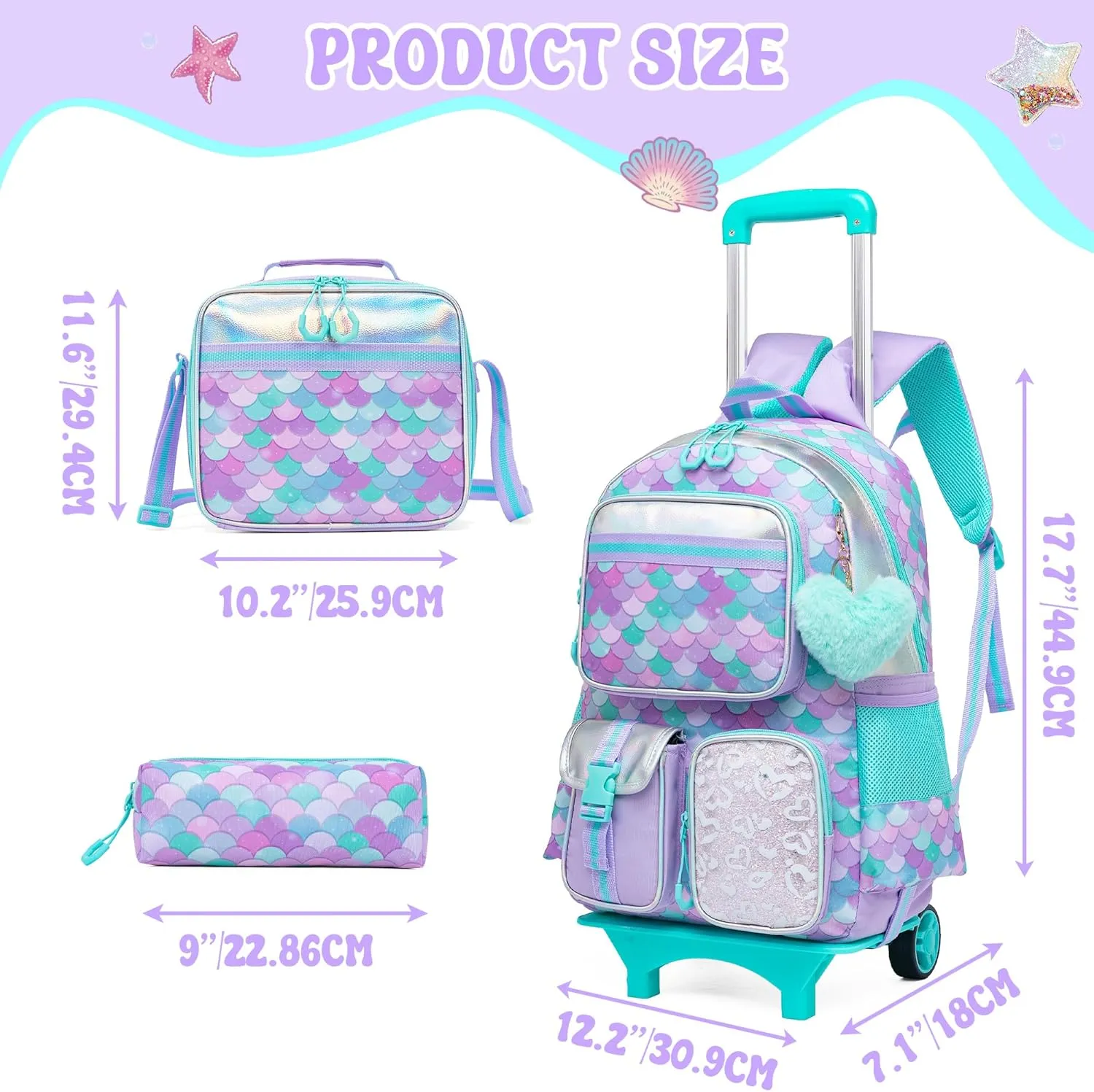 Meetbelify Backpack with Wheels for Girls Rolling Backpack Cute Carry on Backpack with Lunch Box for Elementary Student Teen Girls Luggage Travel Suitcase Girls 8-10 Mermaid