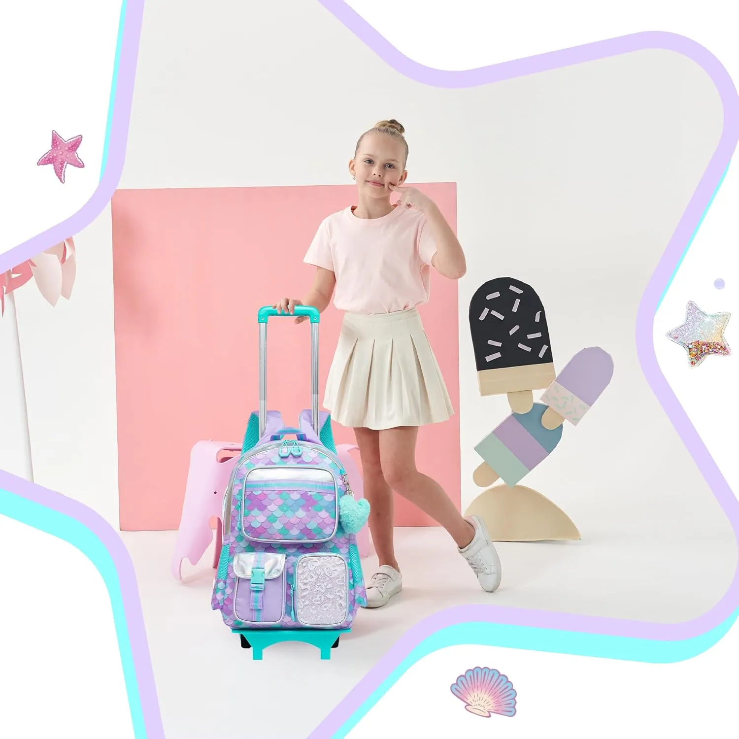 Meetbelify Backpack with Wheels for Girls Rolling Backpack Cute Carry on Backpack with Lunch Box for Elementary Student Teen Girls Luggage Travel Suitcase Girls 8-10 Mermaid