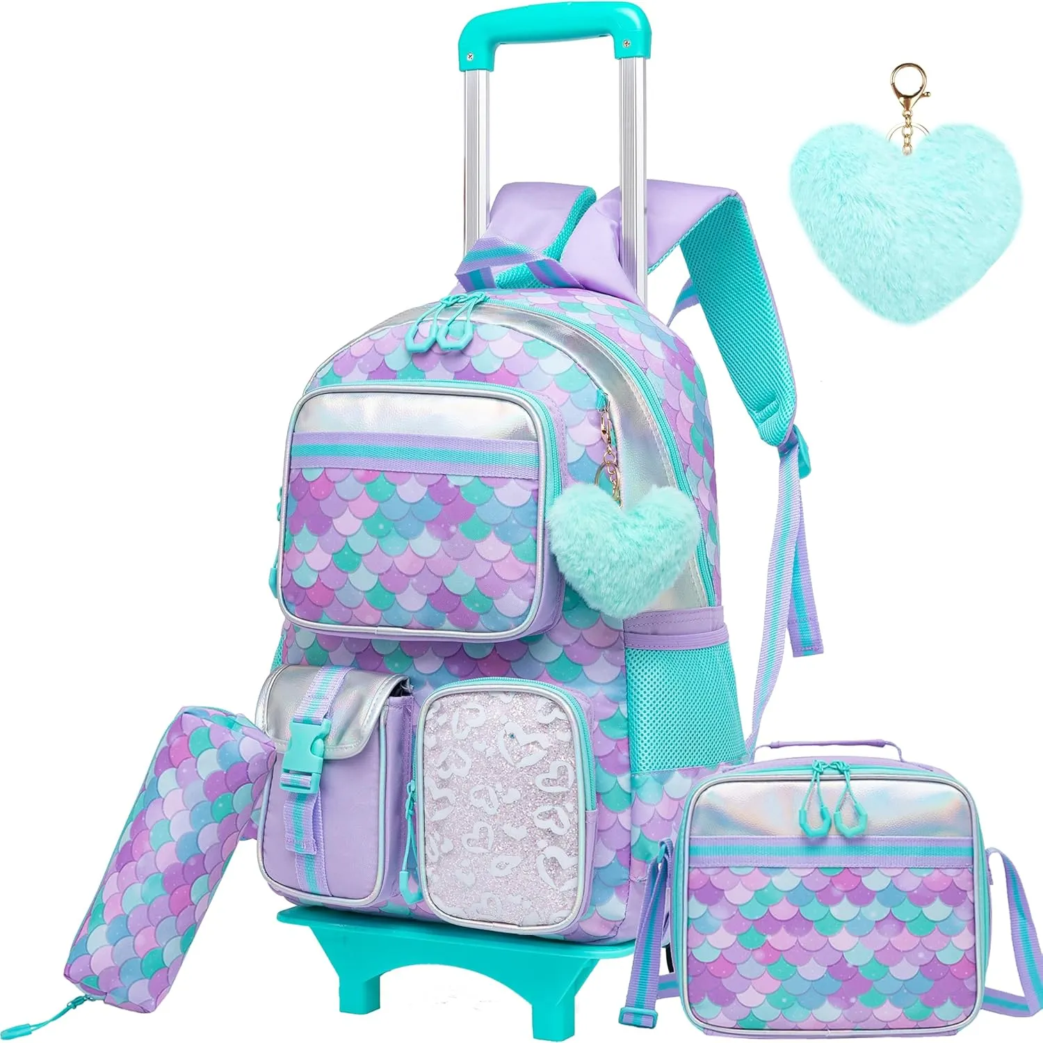 Meetbelify Backpack with Wheels for Girls Rolling Backpack Cute Carry on Backpack with Lunch Box for Elementary Student Teen Girls Luggage Travel Suitcase Girls 8-10 Mermaid