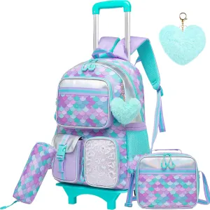 Meetbelify Backpack with Wheels for Girls Rolling Backpack Cute Carry on Backpack with Lunch Box for Elementary Student Teen Girls Luggage Travel Suitcase Girls 8-10 Mermaid
