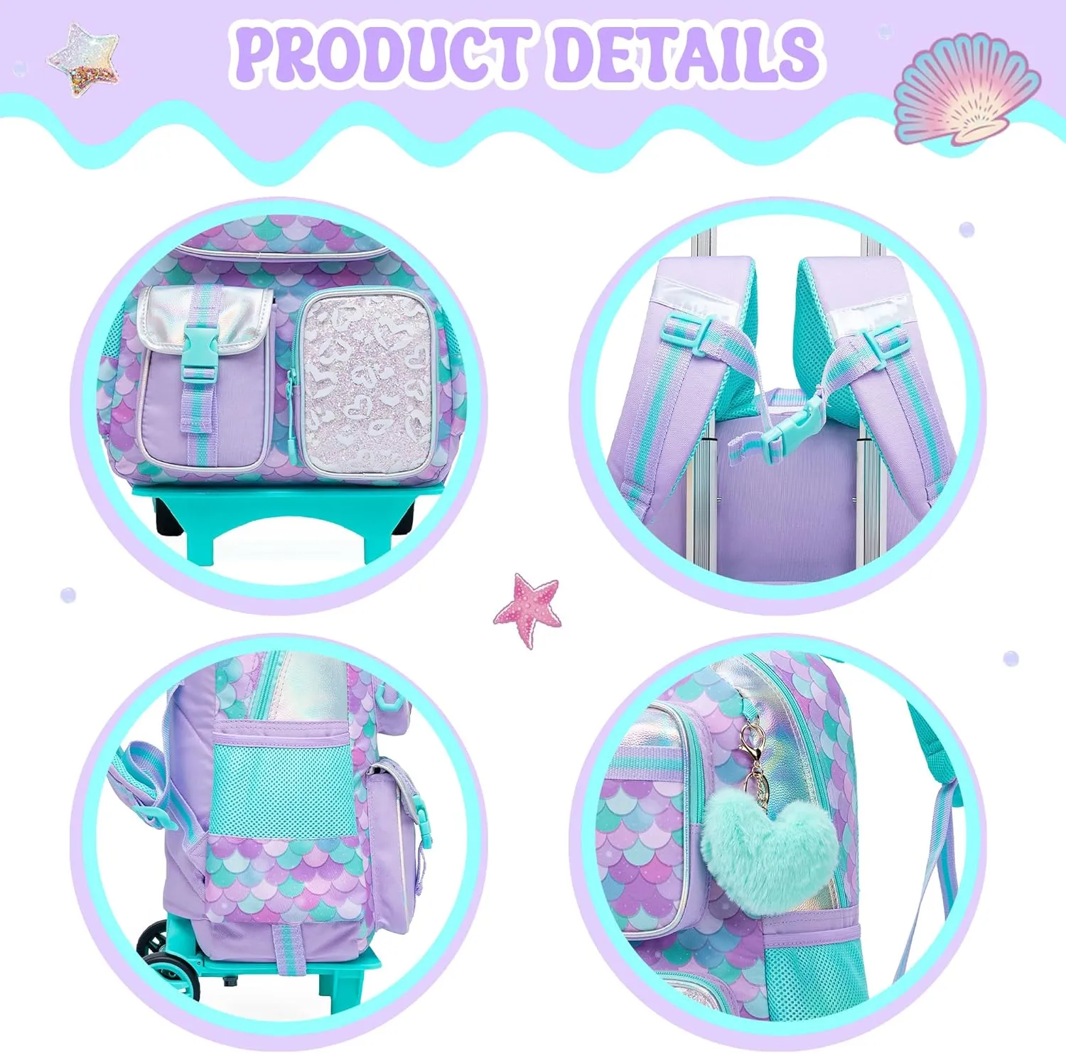 Meetbelify Backpack with Wheels for Girls Rolling Backpack Cute Carry on Backpack with Lunch Box for Elementary Student Teen Girls Luggage Travel Suitcase Girls 8-10 Mermaid