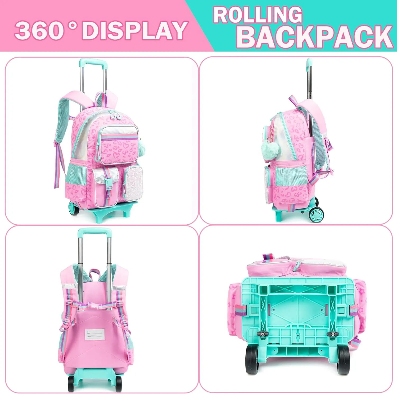 Meetbelify Backpack with Wheels for Girls Rolling Backpack Cute Carry on Backpack with Lunch Box for Elementary Student Teen Girls Luggage Travel Suitcase Girls 8-10 Pink Love