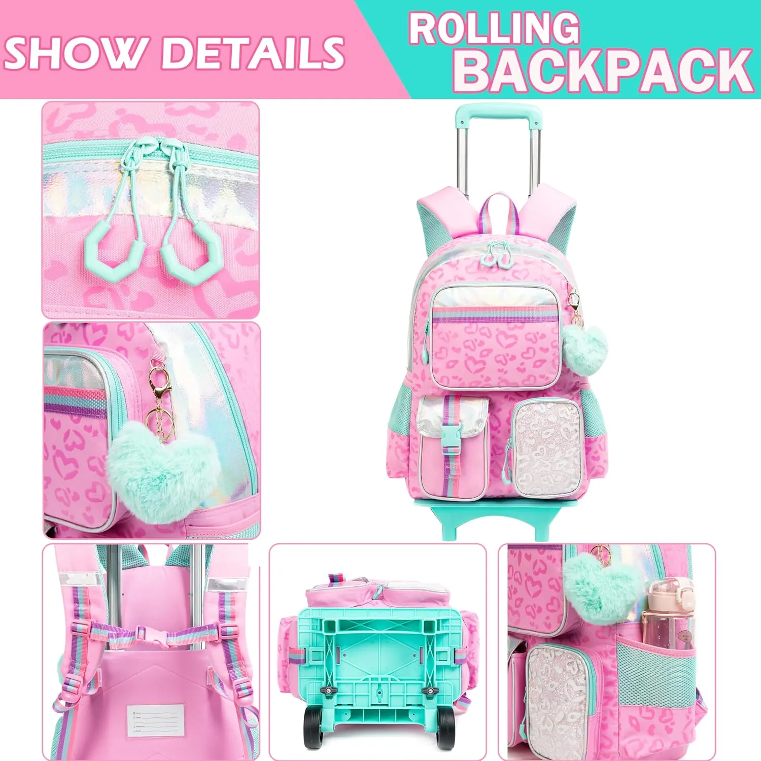 Meetbelify Backpack with Wheels for Girls Rolling Backpack Cute Carry on Backpack with Lunch Box for Elementary Student Teen Girls Luggage Travel Suitcase Girls 8-10 Pink Love