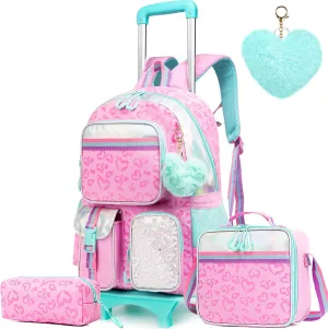 Meetbelify Backpack with Wheels for Girls Rolling Backpack Cute Carry on Backpack with Lunch Box for Elementary Student Teen Girls Luggage Travel Suitcase Girls 8-10 Pink Love