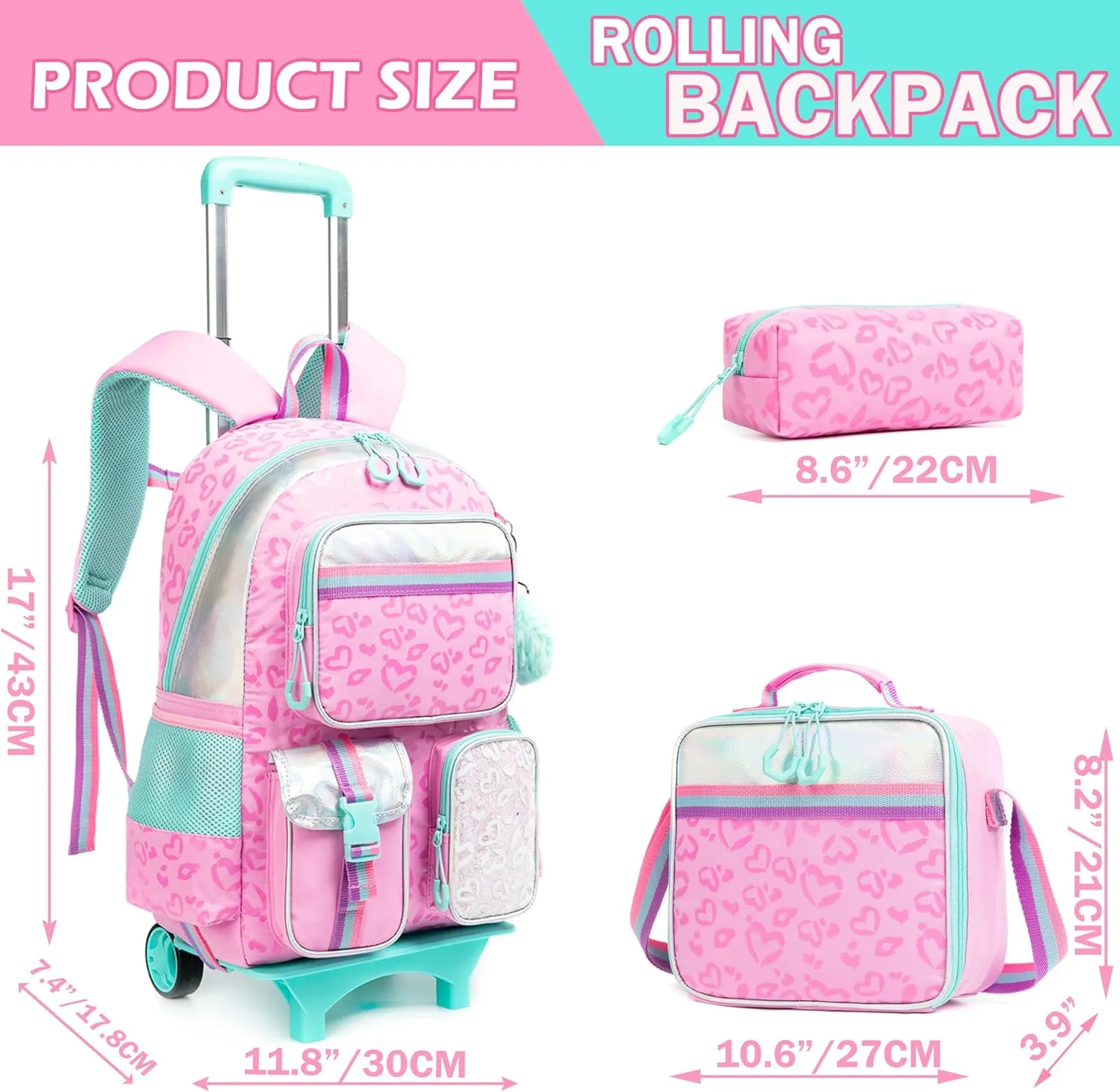 Meetbelify Backpack with Wheels for Girls Rolling Backpack Cute Carry on Backpack with Lunch Box for Elementary Student Teen Girls Luggage Travel Suitcase Girls 8-10 Pink Love