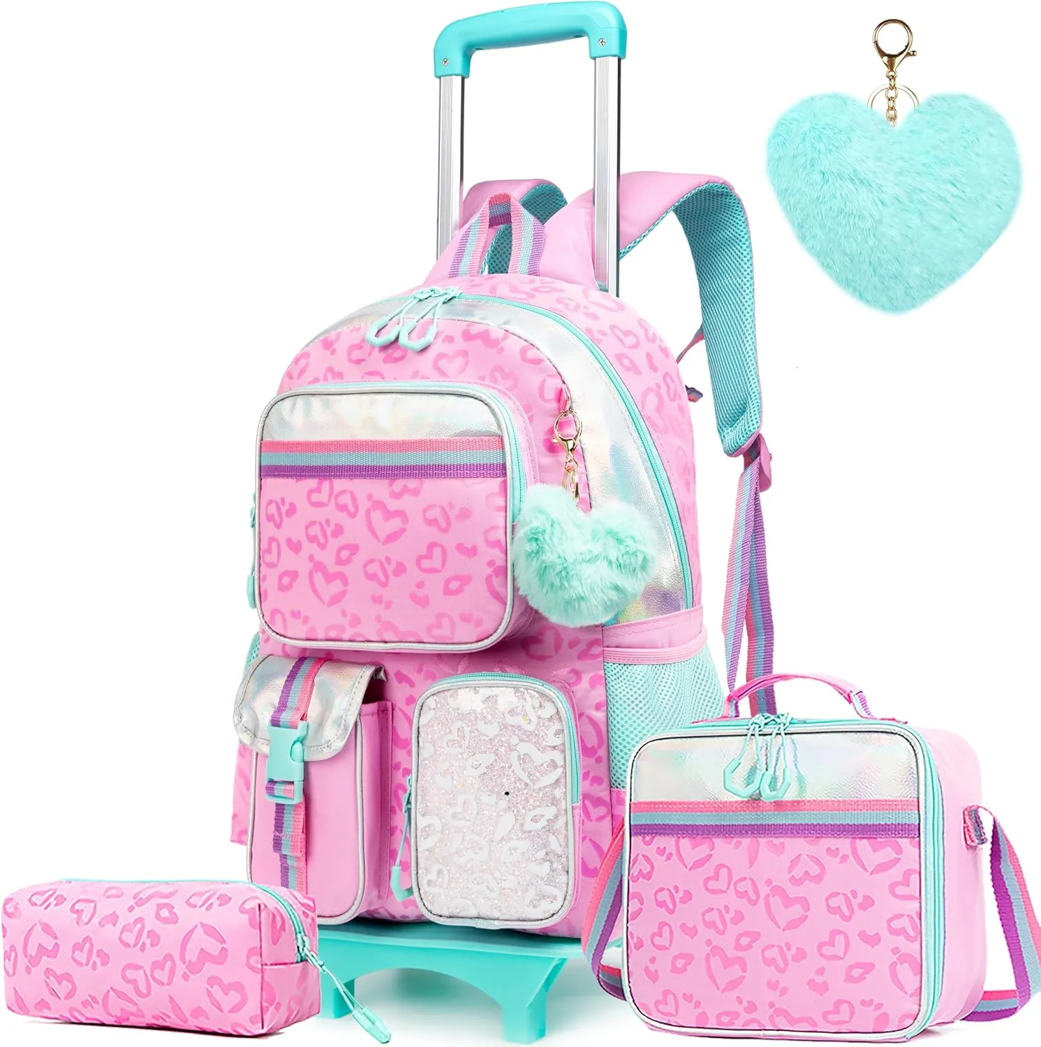 Meetbelify Backpack with Wheels for Girls Rolling Backpack Cute Carry on Backpack with Lunch Box for Elementary Student Teen Girls Luggage Travel Suitcase Girls 8-10 Pink Love