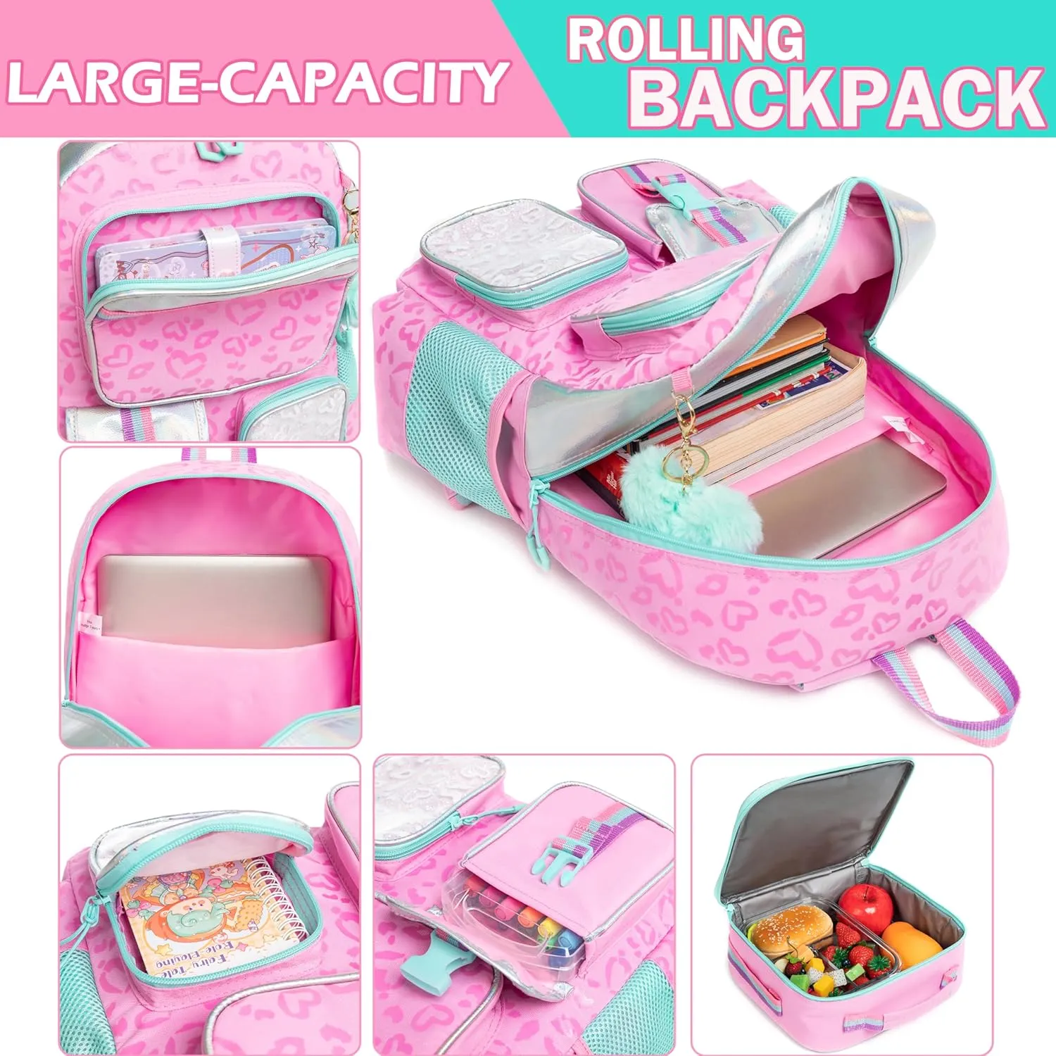 Meetbelify Backpack with Wheels for Girls Rolling Backpack Cute Carry on Backpack with Lunch Box for Elementary Student Teen Girls Luggage Travel Suitcase Girls 8-10 Pink Love