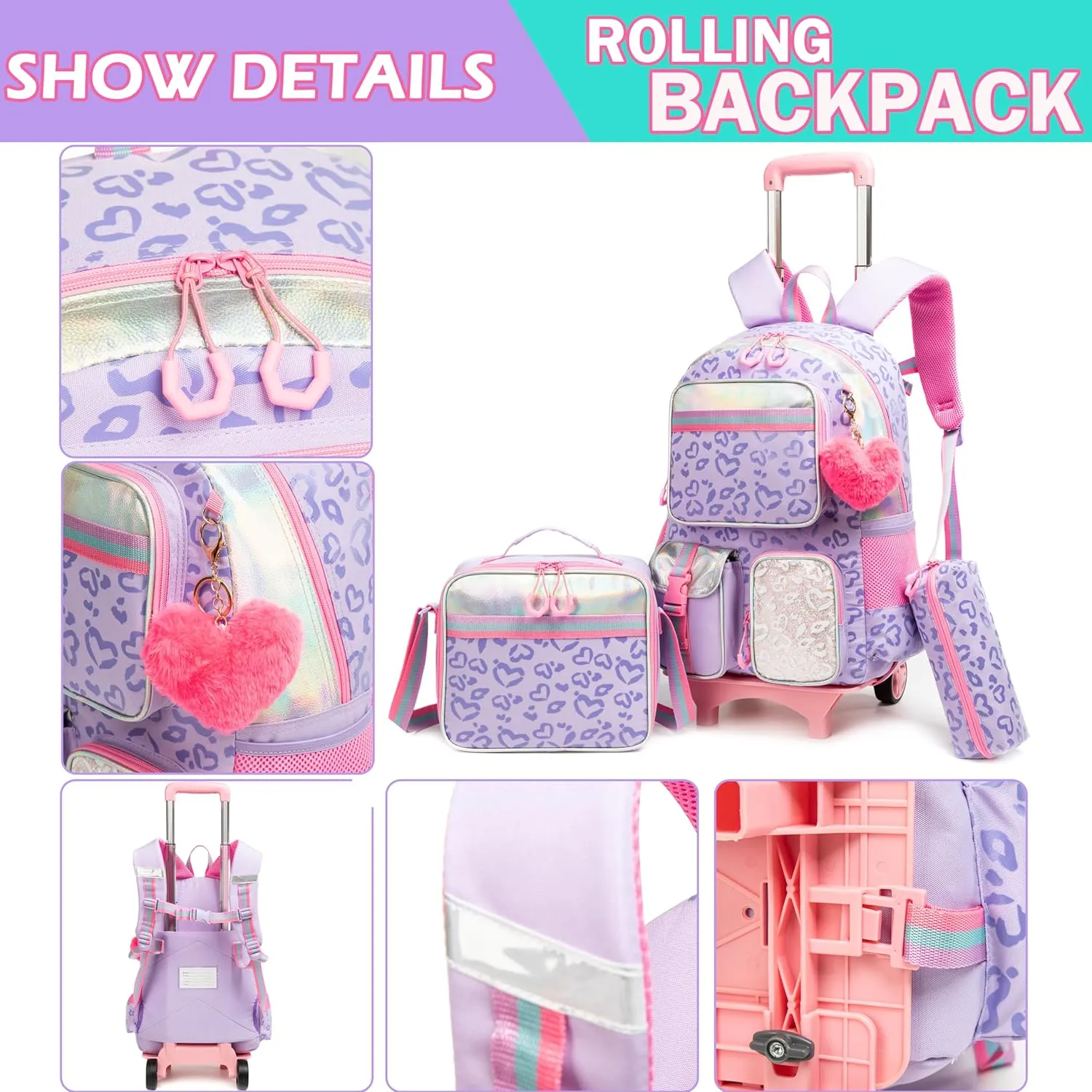 Meetbelify Backpack with Wheels for Girls Rolling Backpack Cute Carry on Backpack with Lunch Box for Elementary Student Teen Girls Luggage Travel Suitcase Girls 8-10 Purple Love