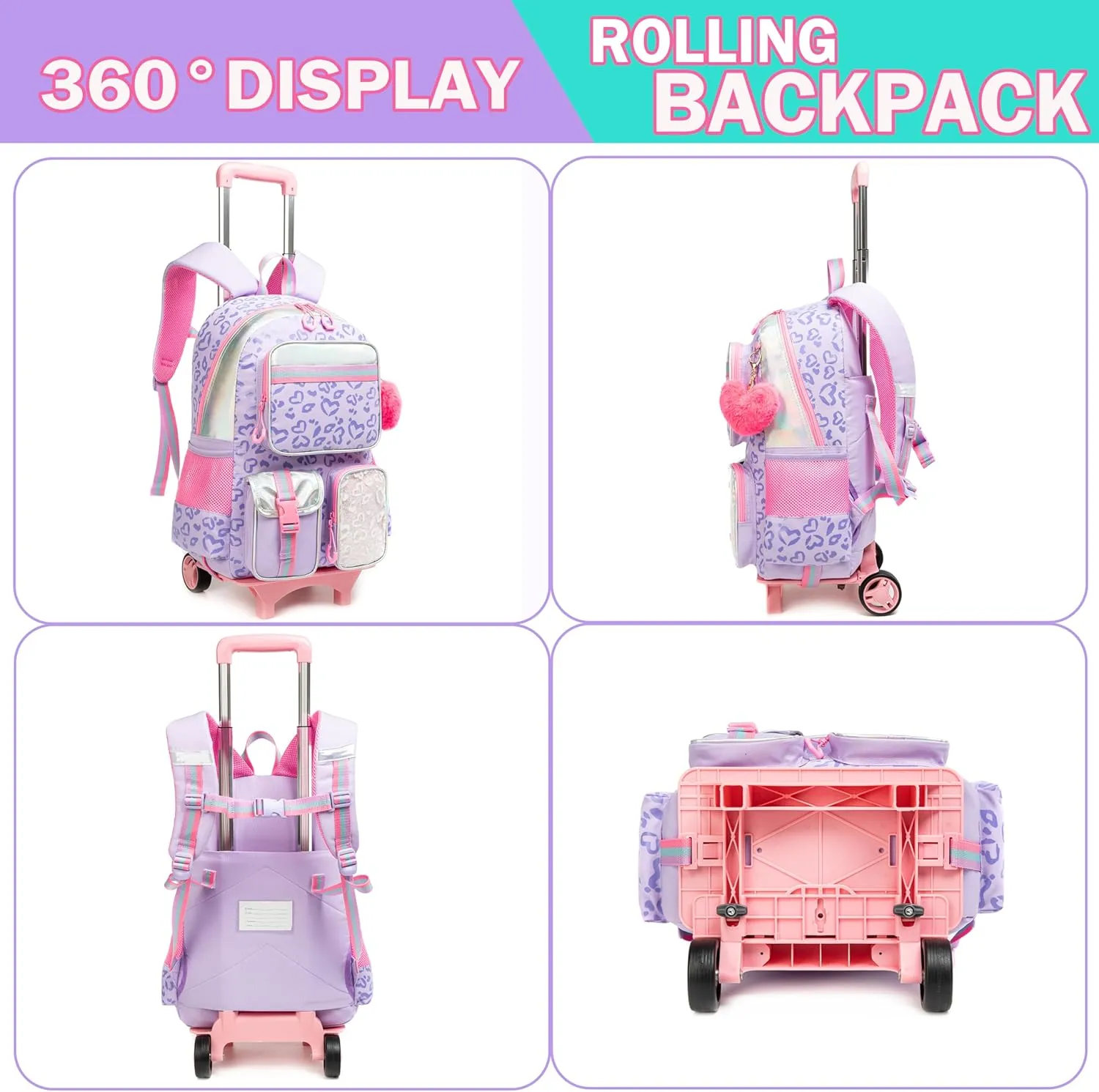 Meetbelify Backpack with Wheels for Girls Rolling Backpack Cute Carry on Backpack with Lunch Box for Elementary Student Teen Girls Luggage Travel Suitcase Girls 8-10 Purple Love