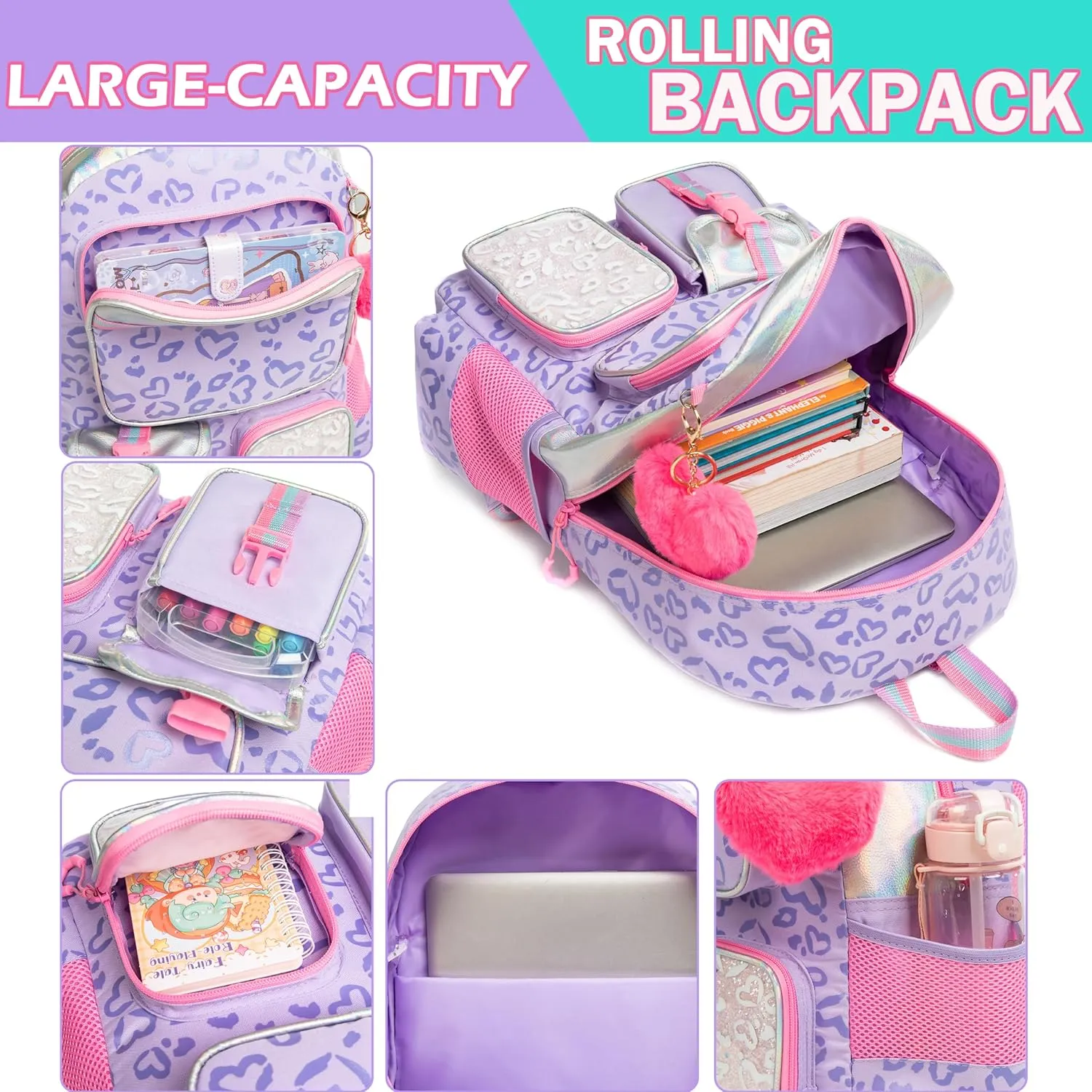 Meetbelify Backpack with Wheels for Girls Rolling Backpack Cute Carry on Backpack with Lunch Box for Elementary Student Teen Girls Luggage Travel Suitcase Girls 8-10 Purple Love