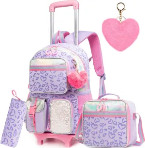 Meetbelify Backpack with Wheels for Girls Rolling Backpack Cute Carry on Backpack with Lunch Box for Elementary Student Teen Girls Luggage Travel Suitcase Girls 8-10 Purple Love