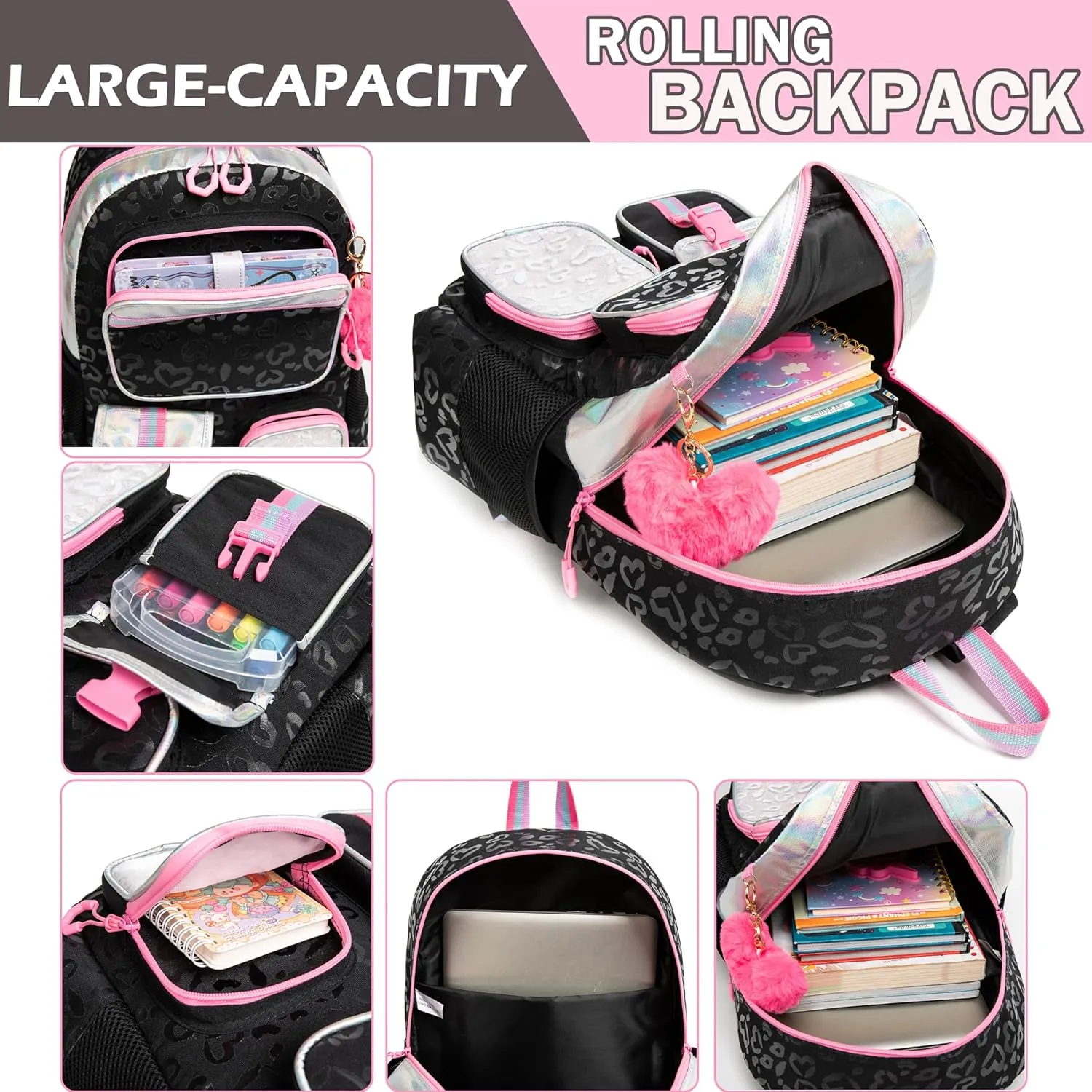 Meetbelify Backpack with Wheels for Girls Rolling Backpack Cute Carry on Backpack with Lunch Box for Elementary Student Teen Girls Luggage Travel Suitcase Girls 8-10