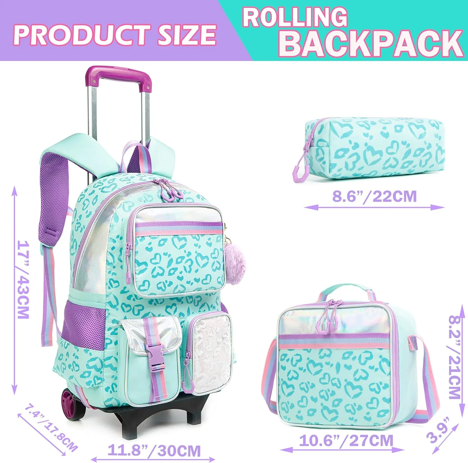 Meetbelify Backpack with Wheels for Girls Rolling Backpack Cute Carry on Backpack with Lunch Box for Elementary Student Teen Girls Luggage Travel Suitcase Girls 8-10