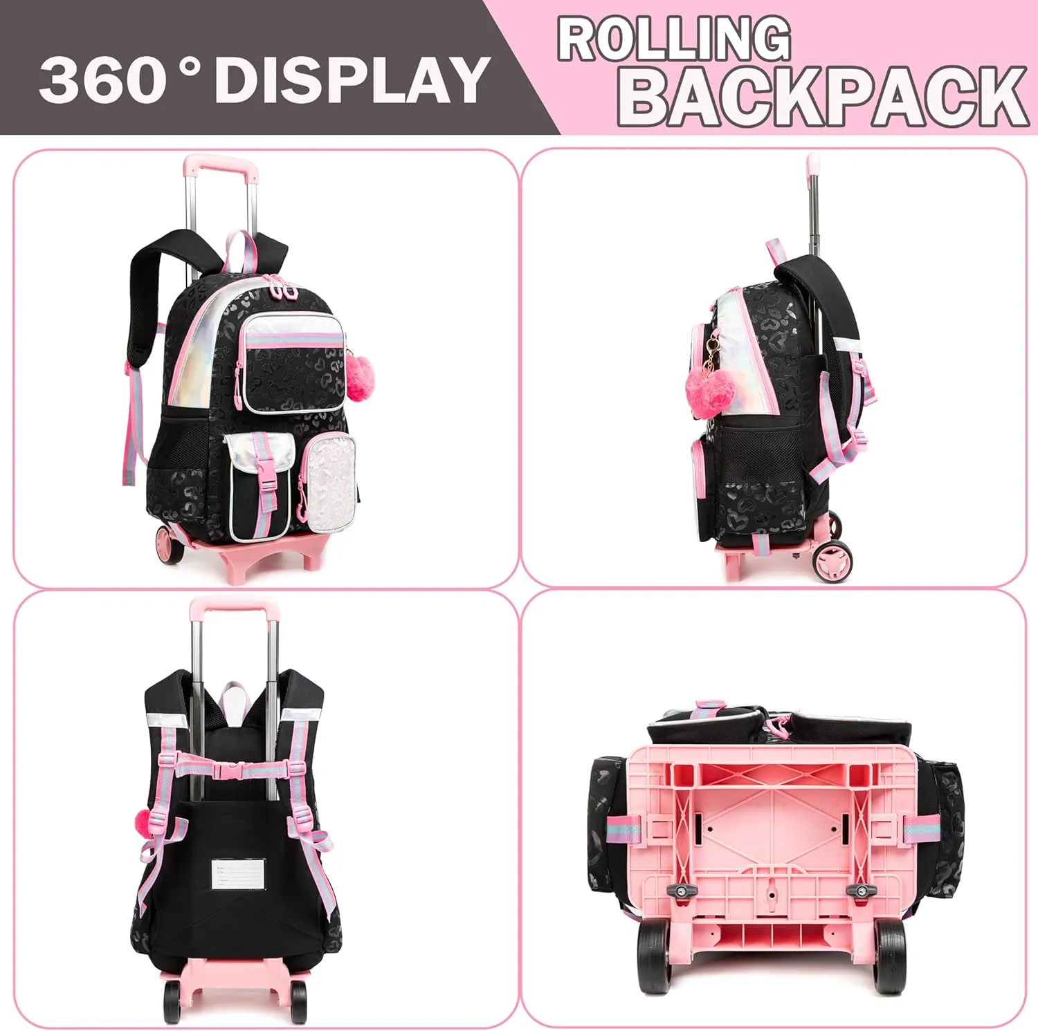 Meetbelify Backpack with Wheels for Girls Rolling Backpack Cute Carry on Backpack with Lunch Box for Elementary Student Teen Girls Luggage Travel Suitcase Girls 8-10