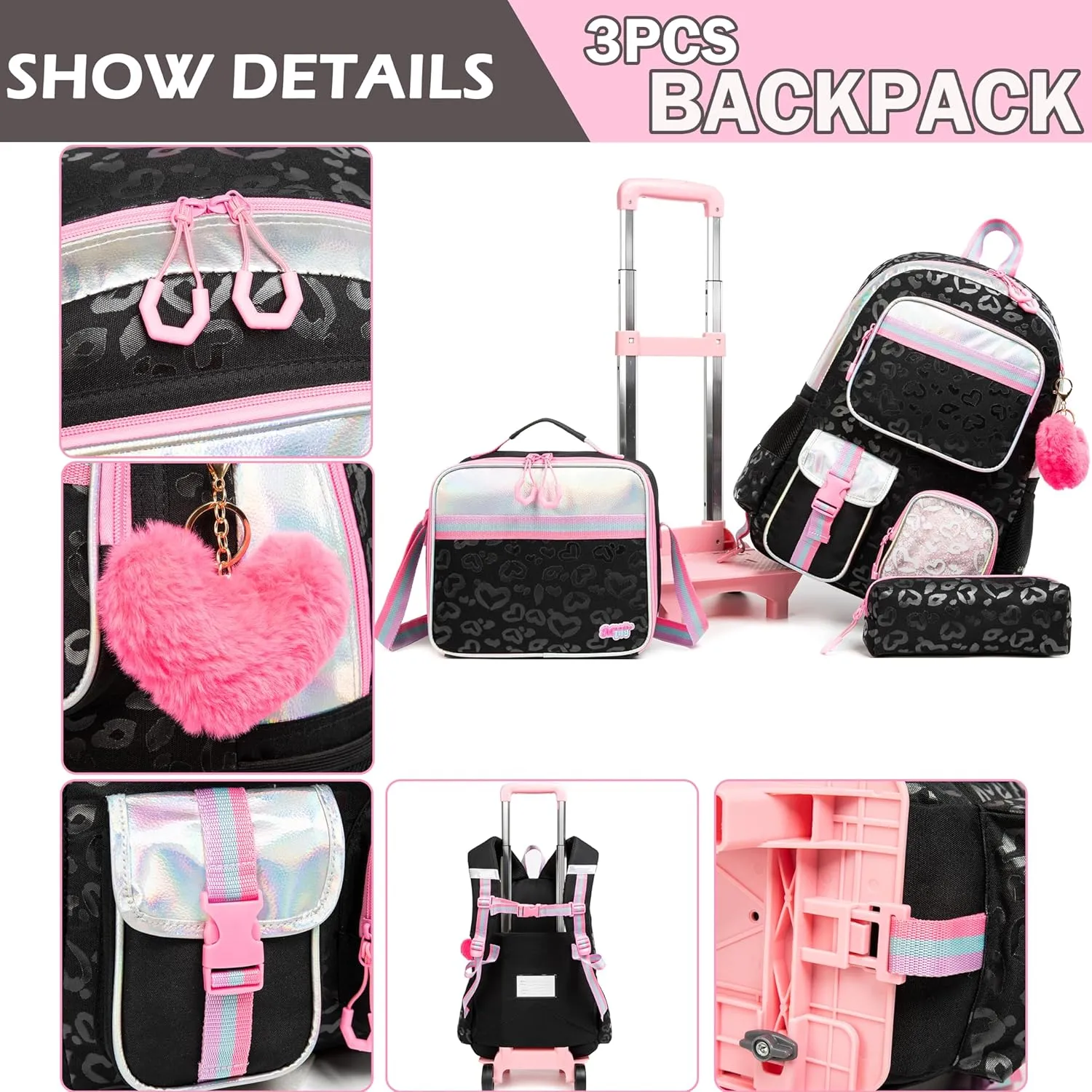 Meetbelify Backpack with Wheels for Girls Rolling Backpack Cute Carry on Backpack with Lunch Box for Elementary Student Teen Girls Luggage Travel Suitcase Girls 8-10