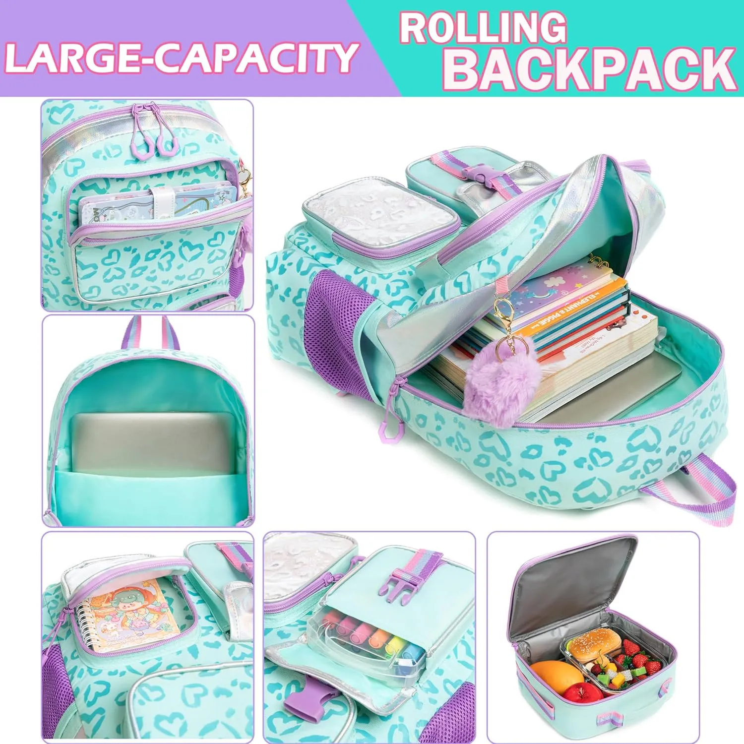 Meetbelify Backpack with Wheels for Girls Rolling Backpack Cute Carry on Backpack with Lunch Box for Elementary Student Teen Girls Luggage Travel Suitcase Girls 8-10