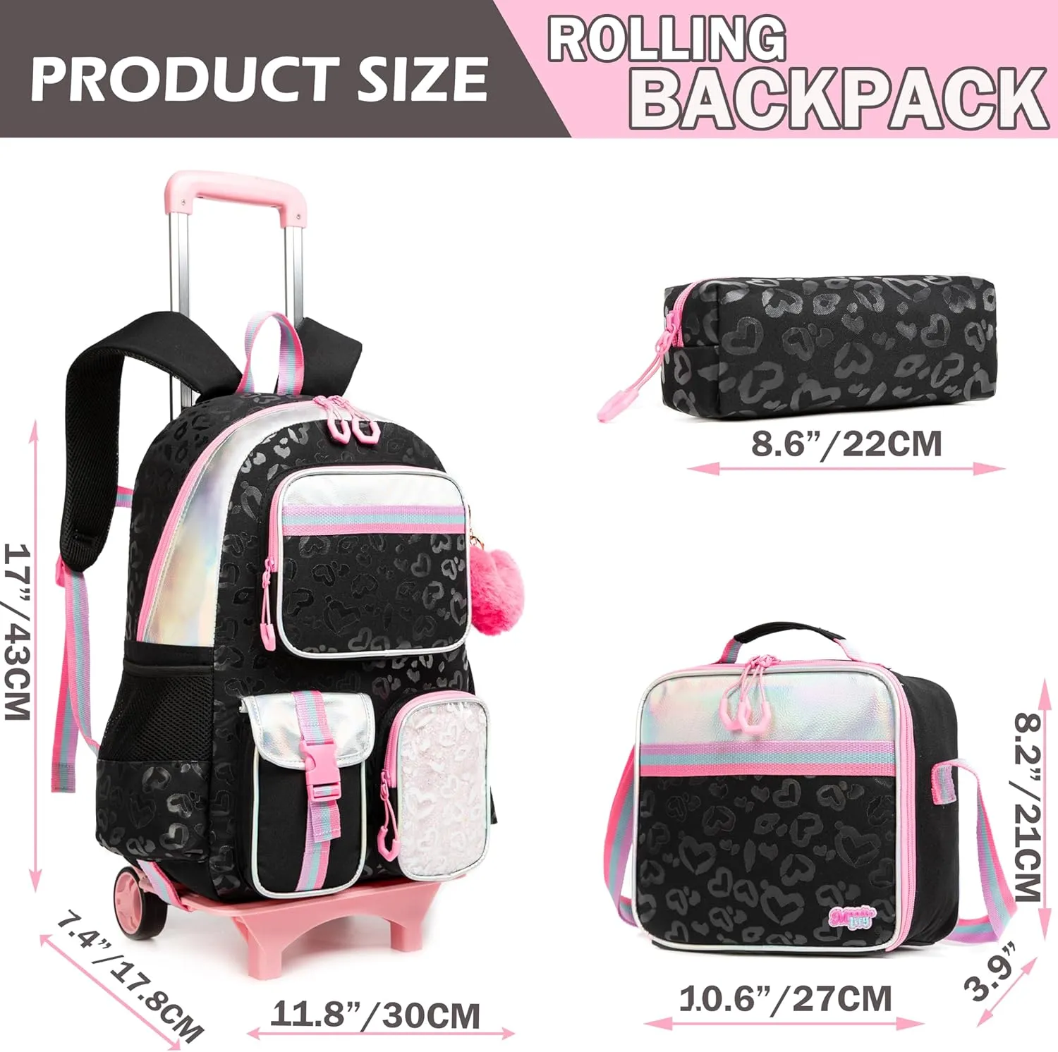 Meetbelify Backpack with Wheels for Girls Rolling Backpack Cute Carry on Backpack with Lunch Box for Elementary Student Teen Girls Luggage Travel Suitcase Girls 8-10