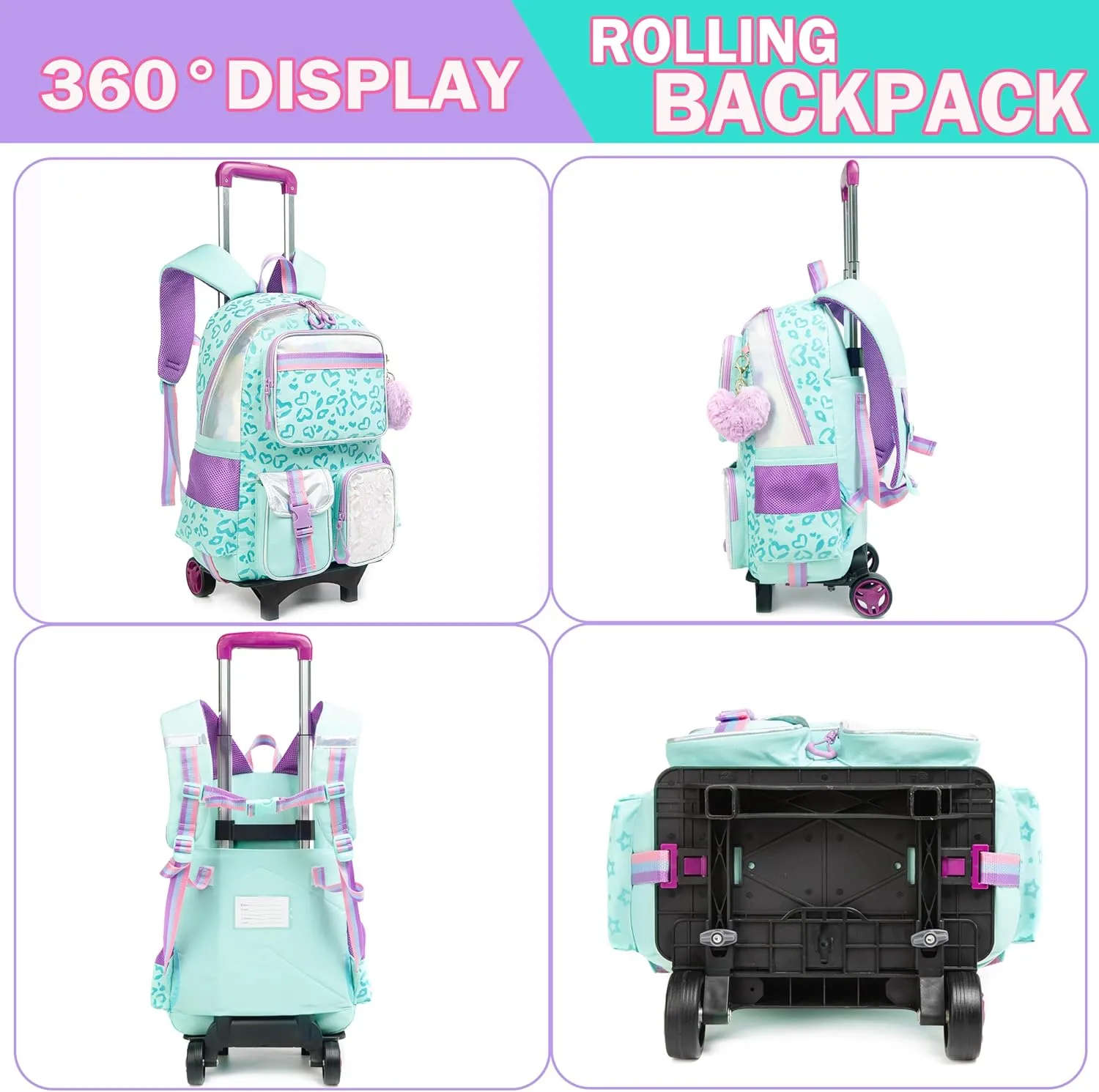 Meetbelify Backpack with Wheels for Girls Rolling Backpack Cute Carry on Backpack with Lunch Box for Elementary Student Teen Girls Luggage Travel Suitcase Girls 8-10