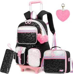 Meetbelify Backpack with Wheels for Girls Rolling Backpack Cute Carry on Backpack with Lunch Box for Elementary Student Teen Girls Luggage Travel Suitcase Girls 8-10