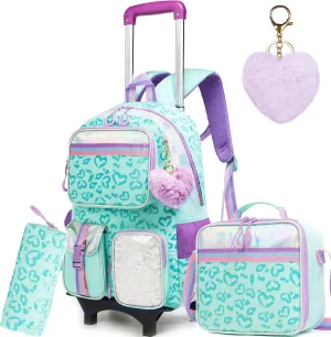 Meetbelify Backpack with Wheels for Girls Rolling Backpack Cute Carry on Backpack with Lunch Box for Elementary Student Teen Girls Luggage Travel Suitcase Girls 8-10