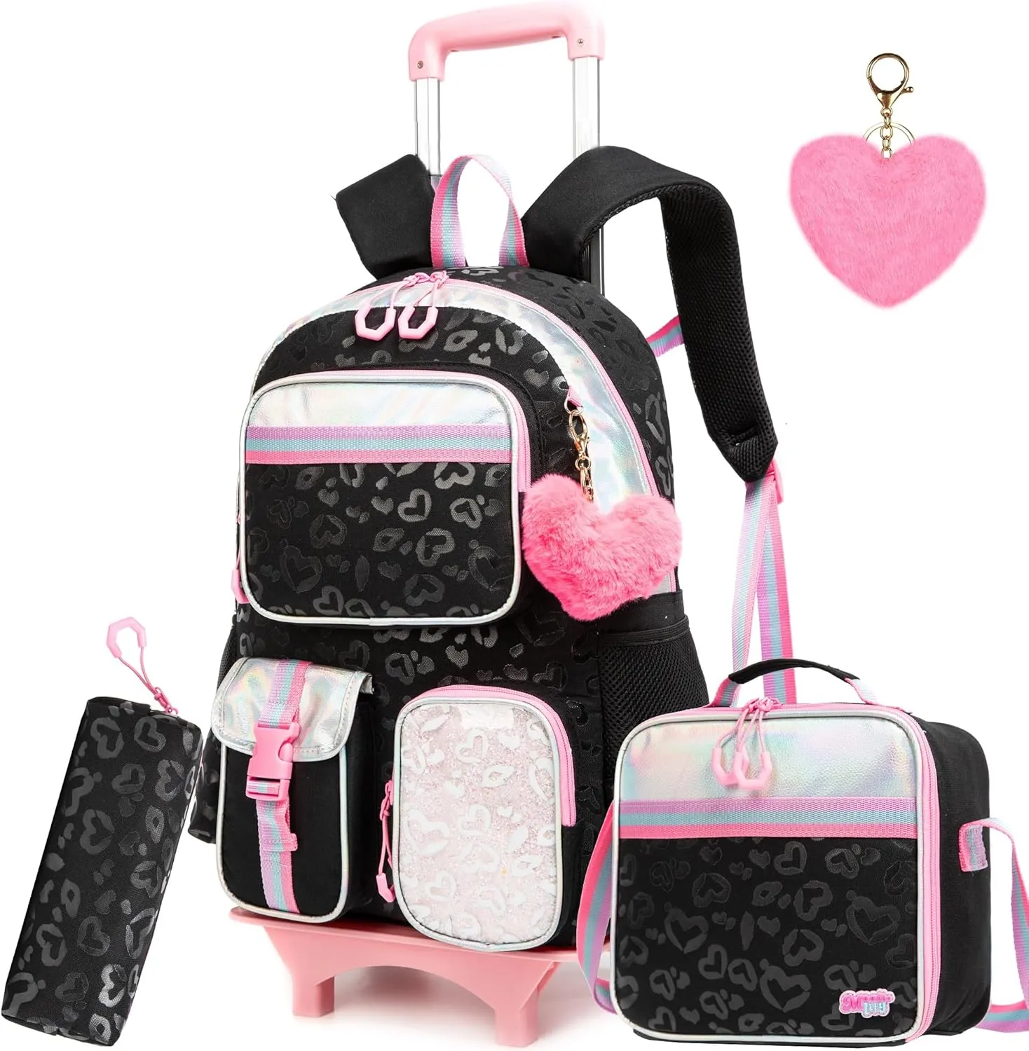 Meetbelify Backpack with Wheels for Girls Rolling Backpack Cute Carry on Backpack with Lunch Box for Elementary Student Teen Girls Luggage Travel Suitcase Girls 8-10