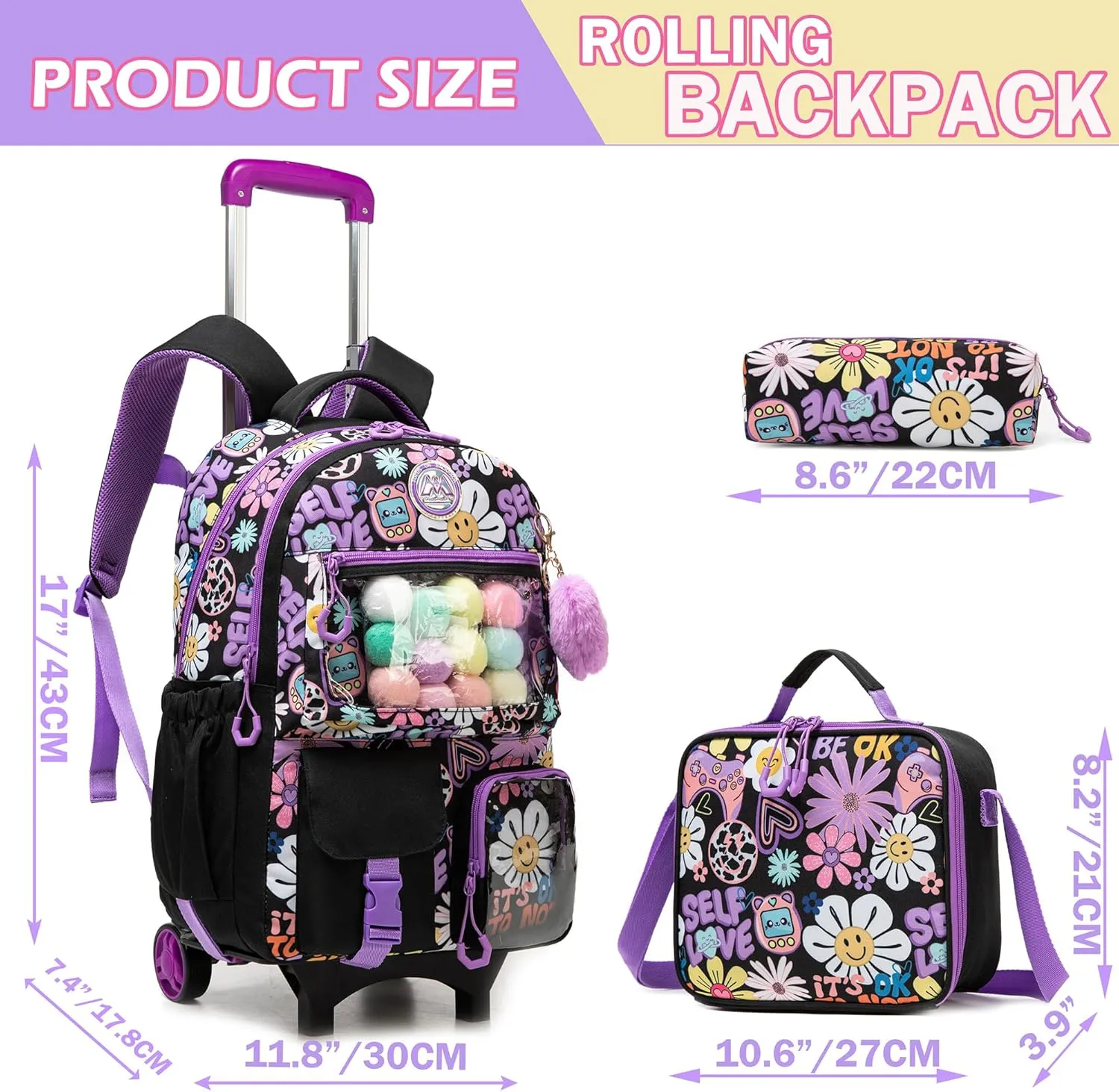 Meetbelify Backpack with Wheels for Girls Rolling Backpack Cute Carry on Backpack with Lunch Box for Elementary Student Teen Kids Luggage Travel Suitcase Girls 8-10 Black