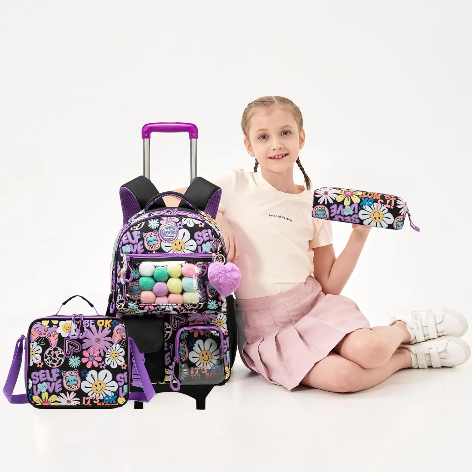 Meetbelify Backpack with Wheels for Girls Rolling Backpack Cute Carry on Backpack with Lunch Box for Elementary Student Teen Kids Luggage Travel Suitcase Girls 8-10 Black