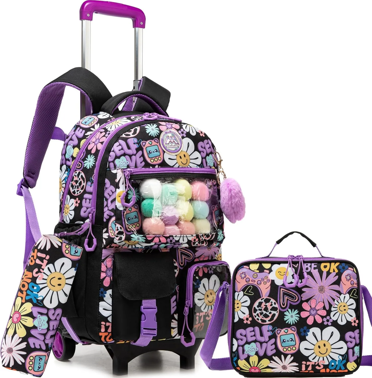 Meetbelify Backpack with Wheels for Girls Rolling Backpack Cute Carry on Backpack with Lunch Box for Elementary Student Teen Kids Luggage Travel Suitcase Girls 8-10 Black
