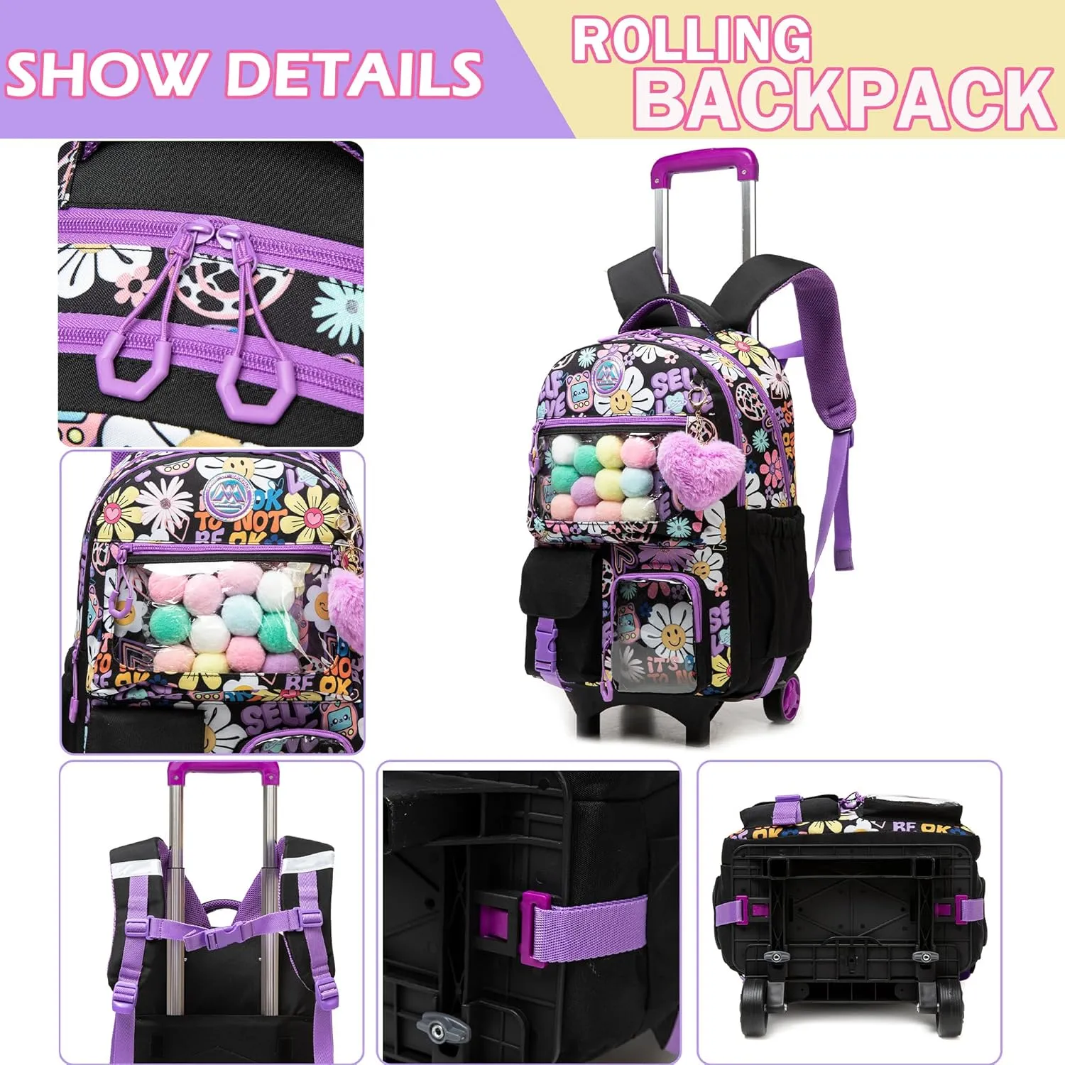 Meetbelify Backpack with Wheels for Girls Rolling Backpack Cute Carry on Backpack with Lunch Box for Elementary Student Teen Kids Luggage Travel Suitcase Girls 8-10 Black