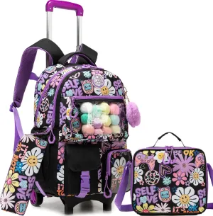 Meetbelify Backpack with Wheels for Girls Rolling Backpack Cute Carry on Backpack with Lunch Box for Elementary Student Teen Kids Luggage Travel Suitcase Girls 8-10 Black