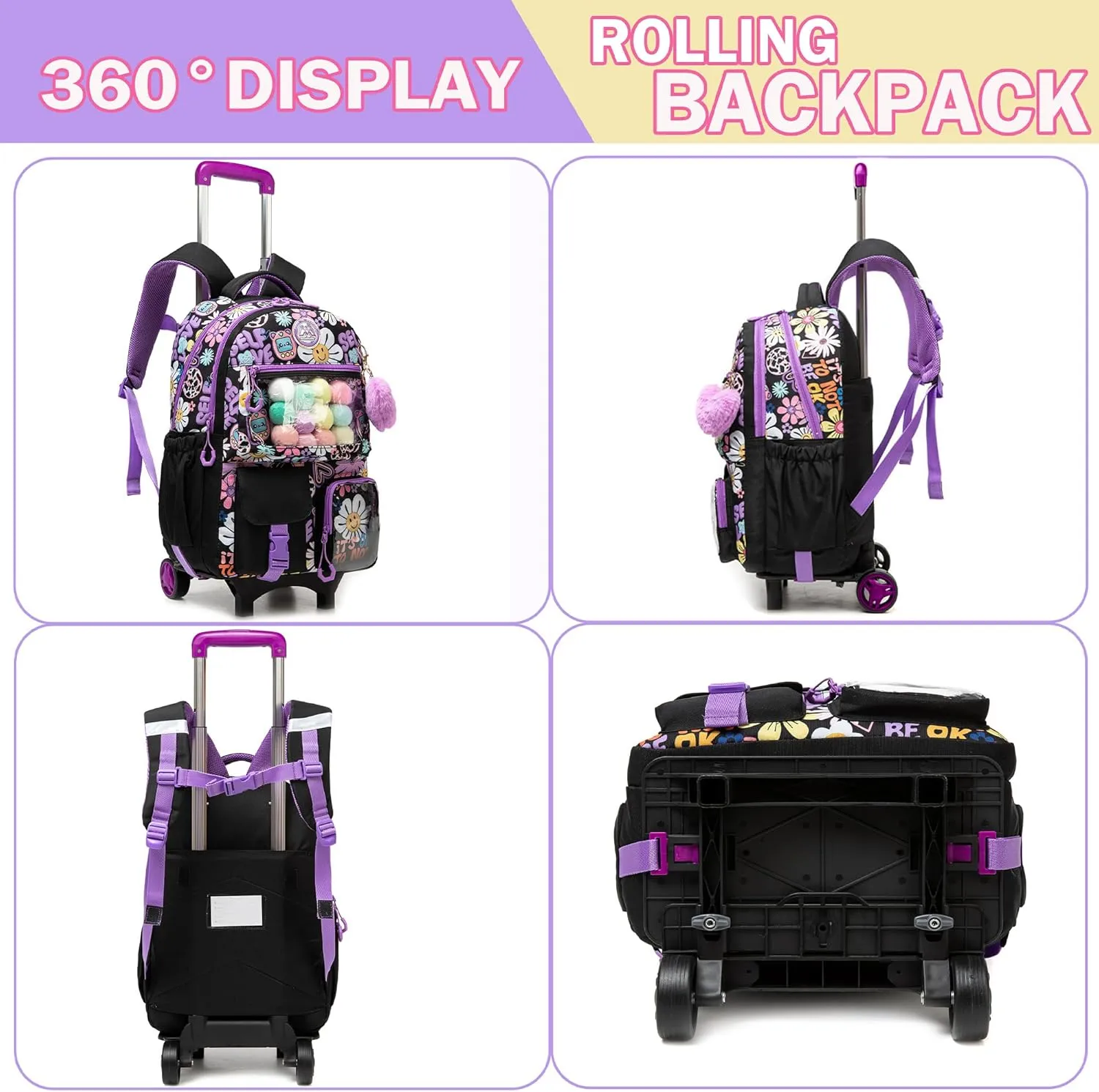 Meetbelify Backpack with Wheels for Girls Rolling Backpack Cute Carry on Backpack with Lunch Box for Elementary Student Teen Kids Luggage Travel Suitcase Girls 8-10 Black