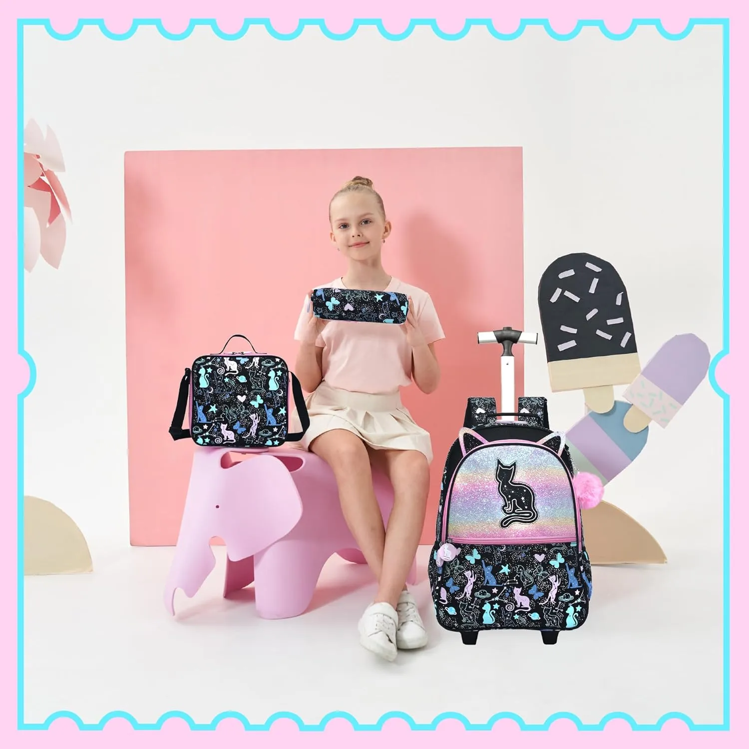 Meetbelify Cute Black Cat Rolling Backpack for Girls Backpacks with Wheels for Elementary Students Kids 3 in 1 Carry on Travel Luggage Suitcase with Lunch Box for Girls Age 8-10