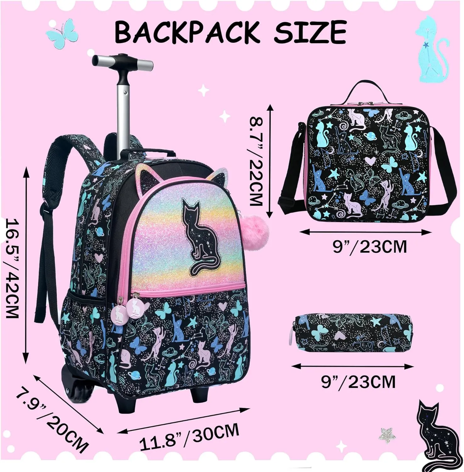 Meetbelify Cute Black Cat Rolling Backpack for Girls Backpacks with Wheels for Elementary Students Kids 3 in 1 Carry on Travel Luggage Suitcase with Lunch Box for Girls Age 8-10