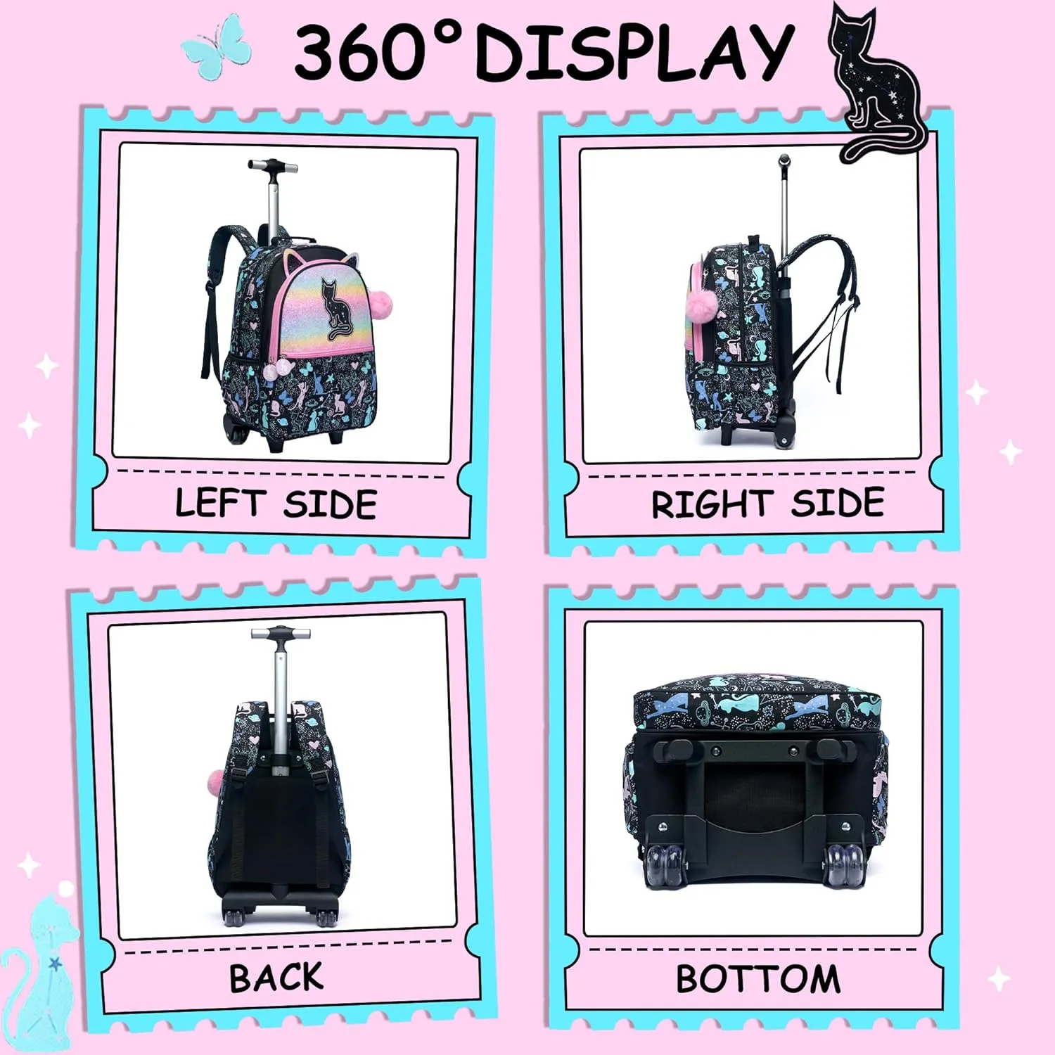 Meetbelify Cute Black Cat Rolling Backpack for Girls Backpacks with Wheels for Elementary Students Kids 3 in 1 Carry on Travel Luggage Suitcase with Lunch Box for Girls Age 8-10