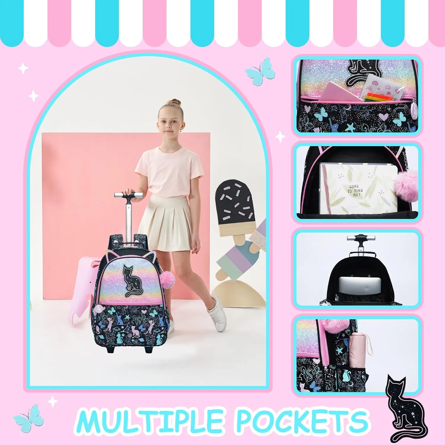 Meetbelify Cute Black Cat Rolling Backpack for Girls Backpacks with Wheels for Elementary Students Kids 3 in 1 Carry on Travel Luggage Suitcase with Lunch Box for Girls Age 8-10